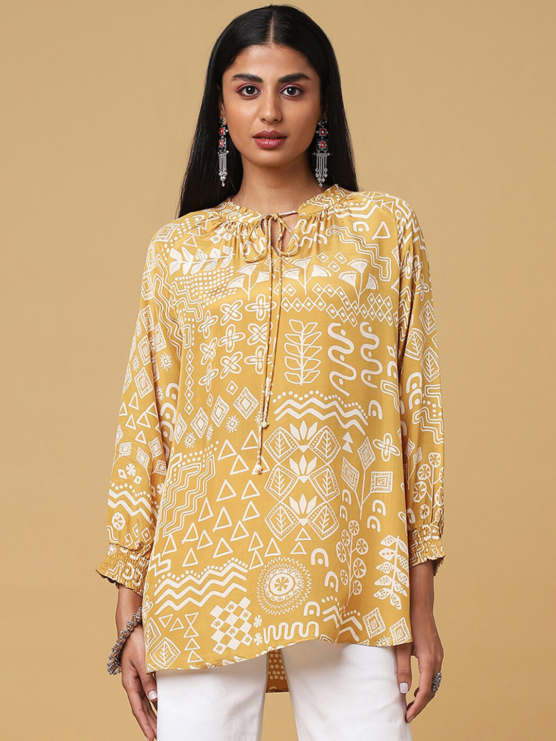 

Marigold Lane Floral Print Tie Up Neck Puff Sleeves Top, Mustard