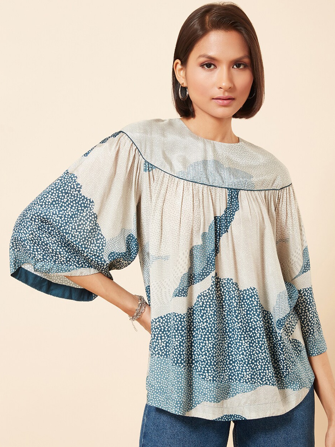 

Marigold Lane Polka Dots Print A-Line Top, Beige