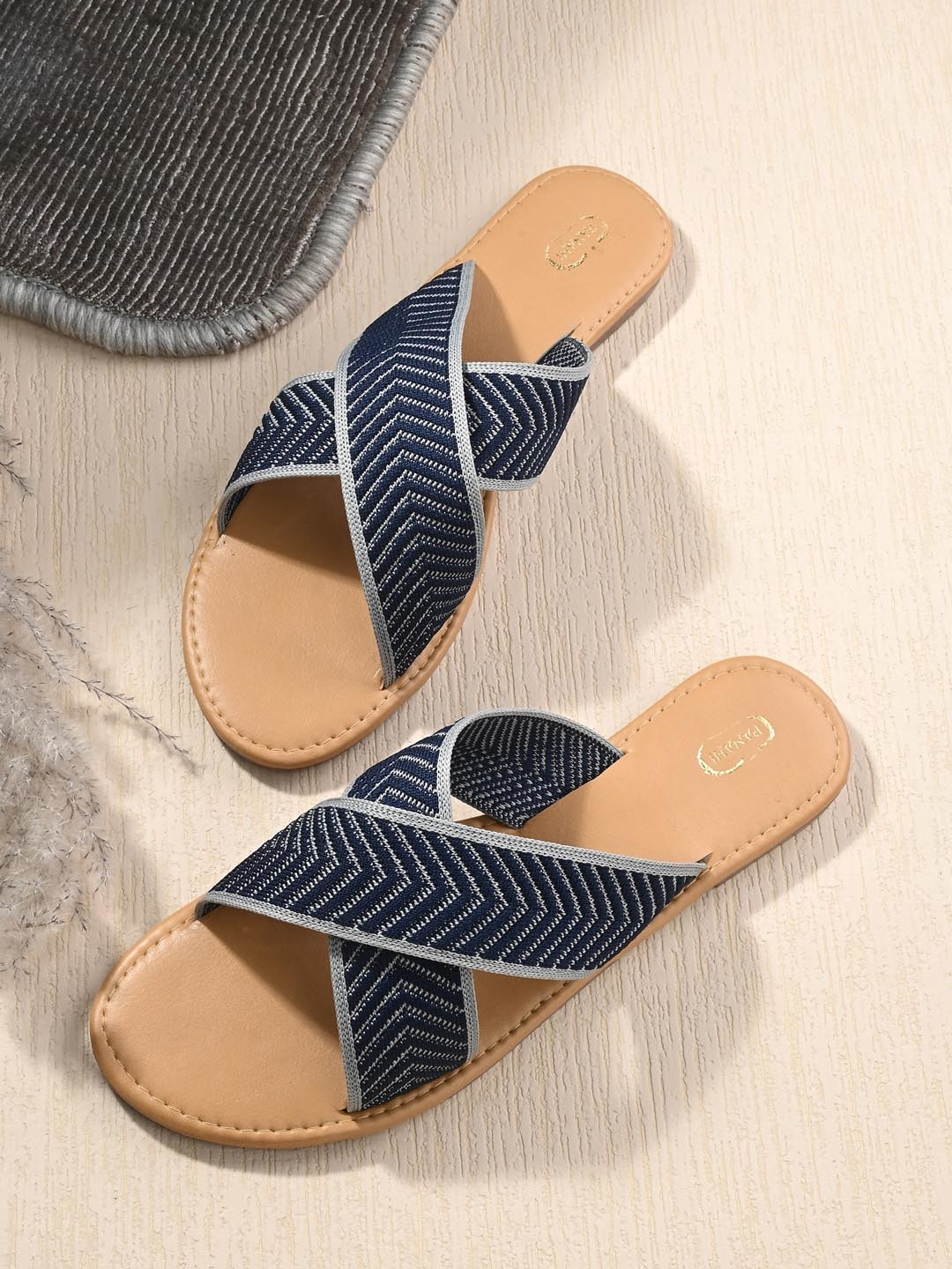 

PANAHI Women Woven Design Cross Strap Open Toe Flats, Navy blue