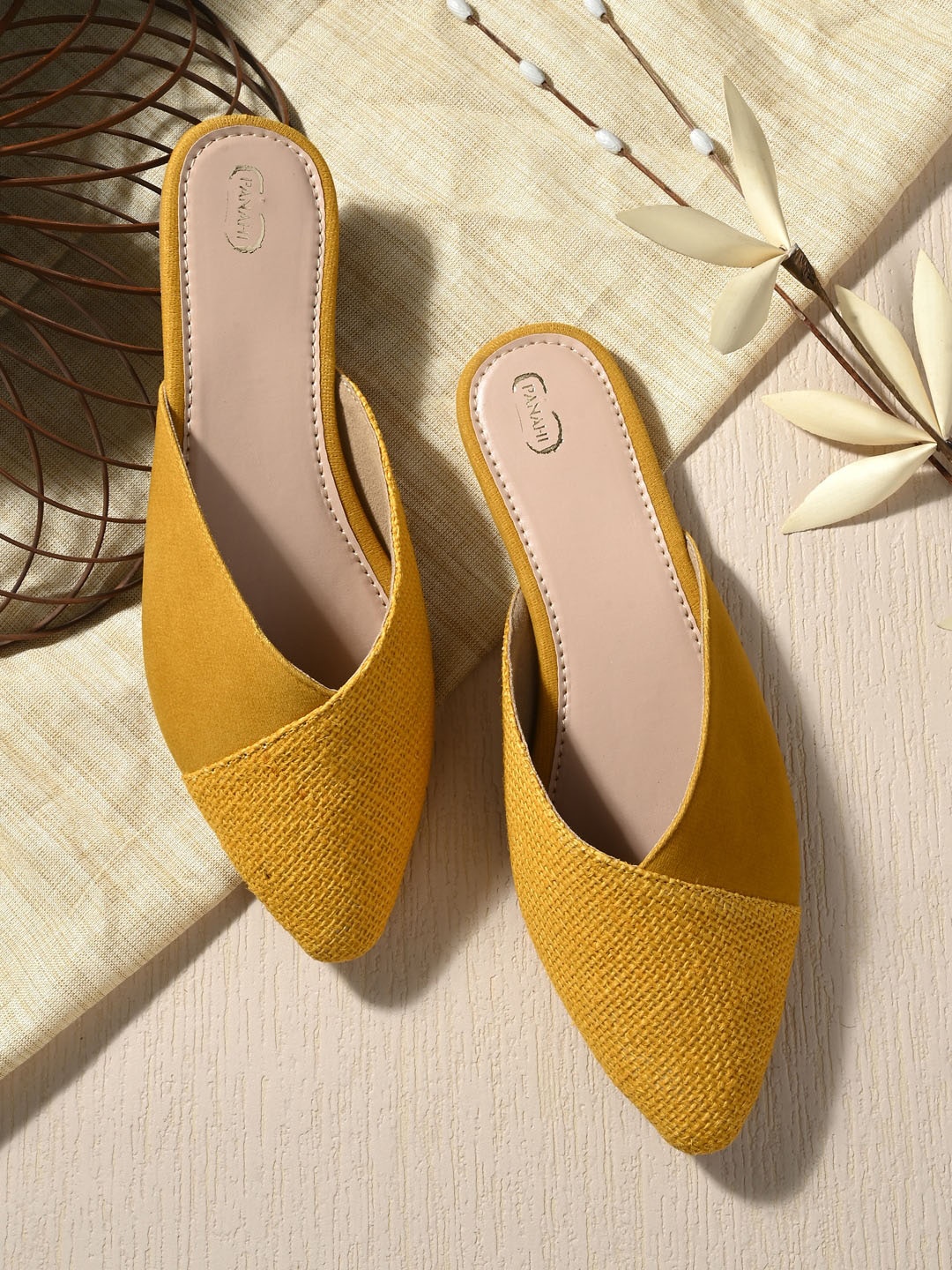 

PANAHI Women Textured Pointed Toe Mules, Yellow