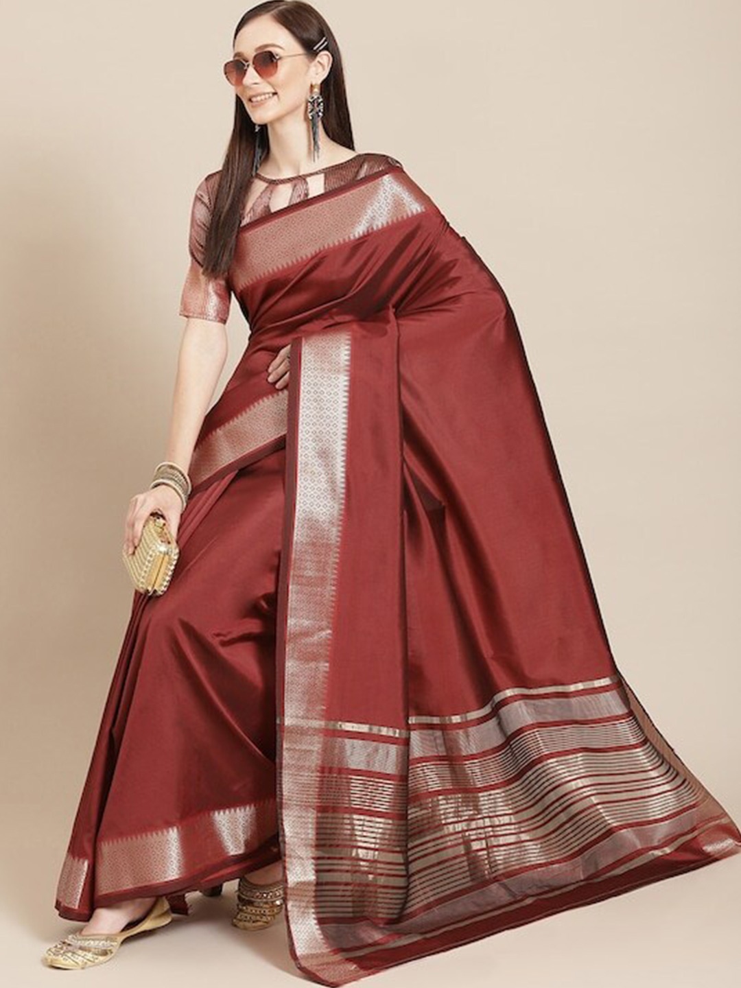 

KALINI Zari Border Silk Cotton Banarasi Saree, Maroon