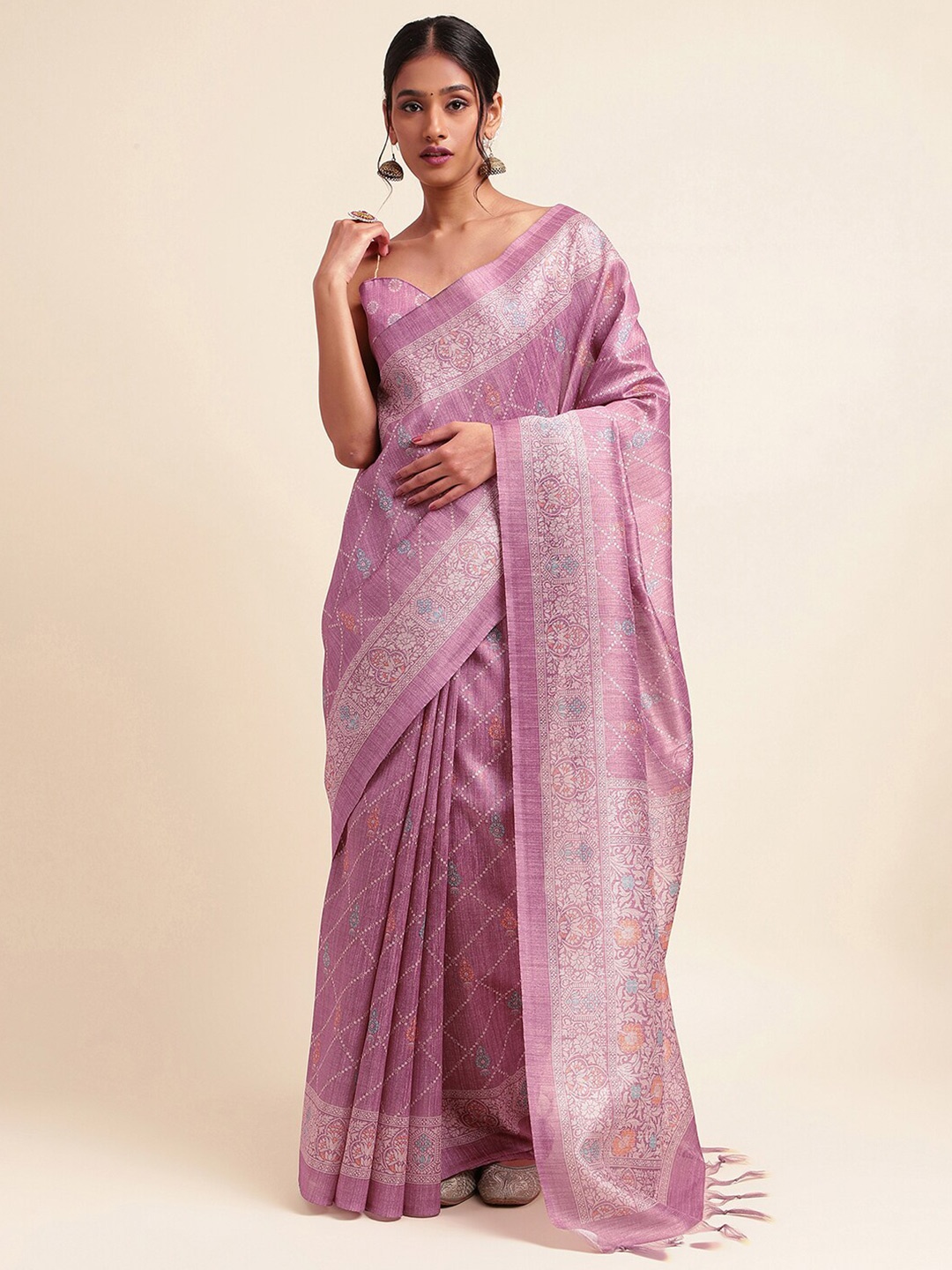 

Satrani Ethnic Motifs Printed Art Silk Saree, Pink