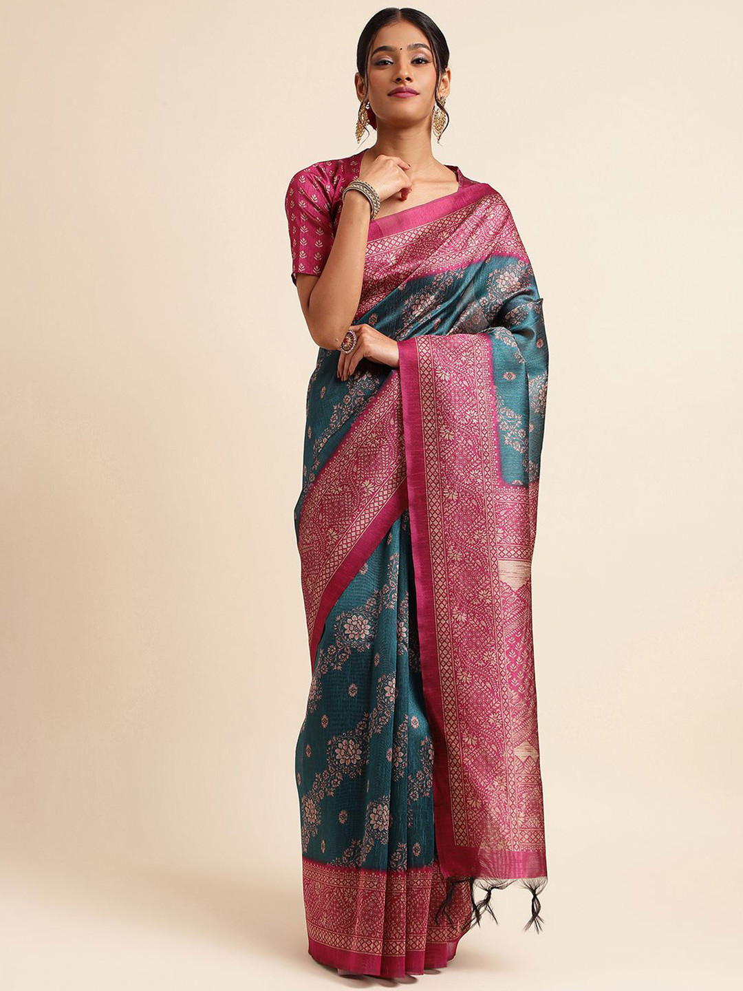 

Satrani Floral Printed Art Silk Saree, Green