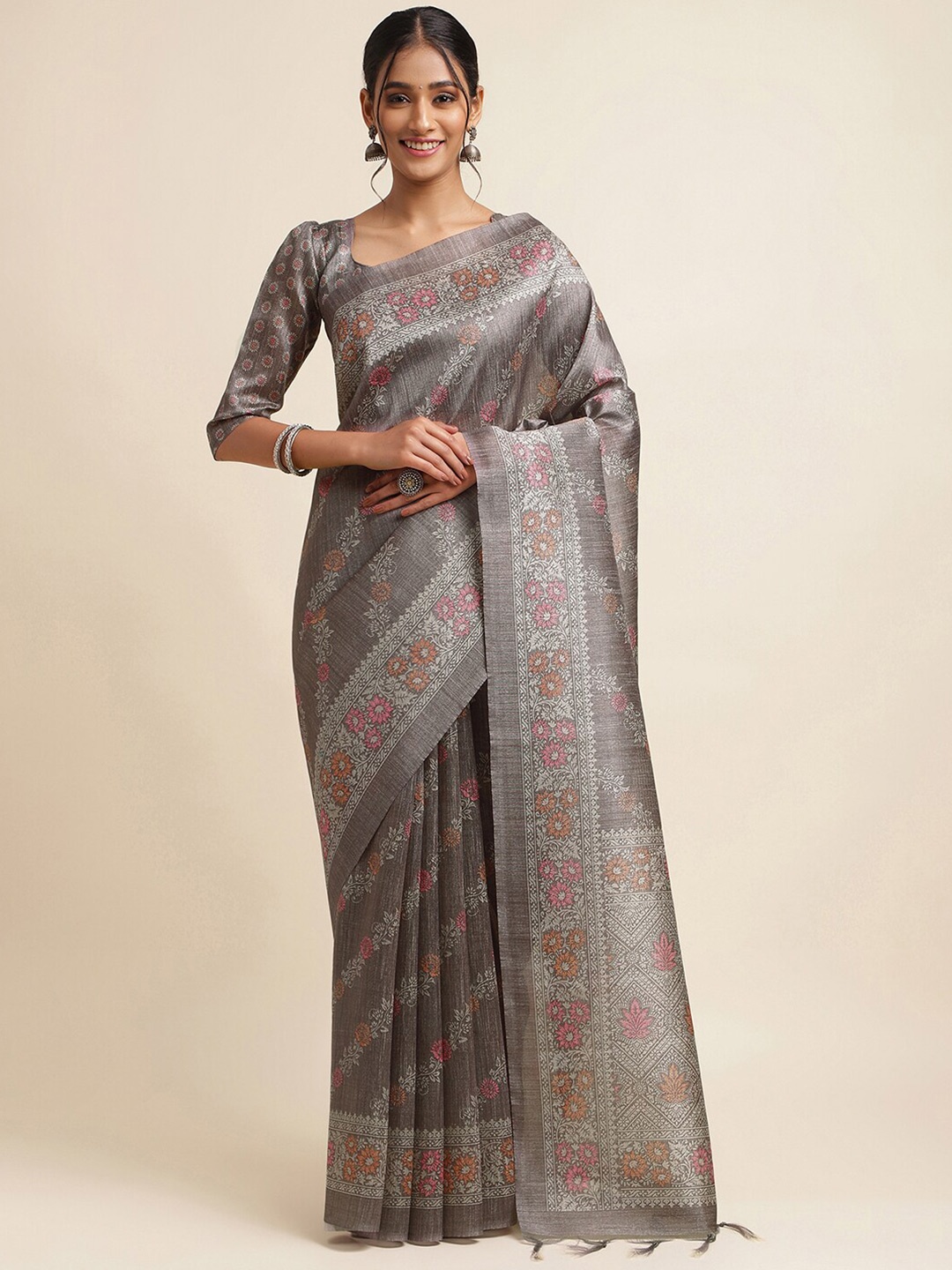 

Satrani Floral Printed Art Silk Saree, Grey