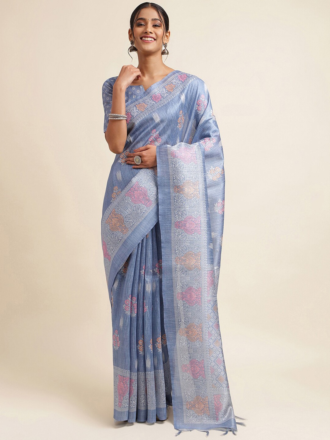 

Satrani Floral Printed Art Silk Saree, Turquoise blue