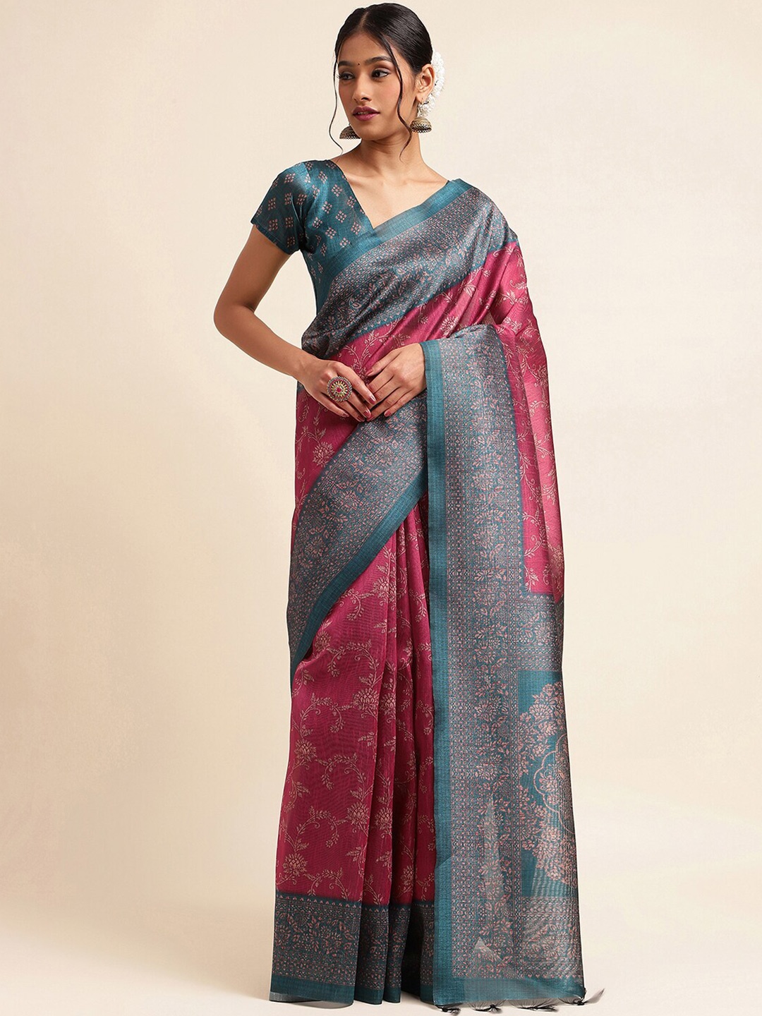 

Satrani Ethnic Motifs Printed Art Silk Saree, Pink