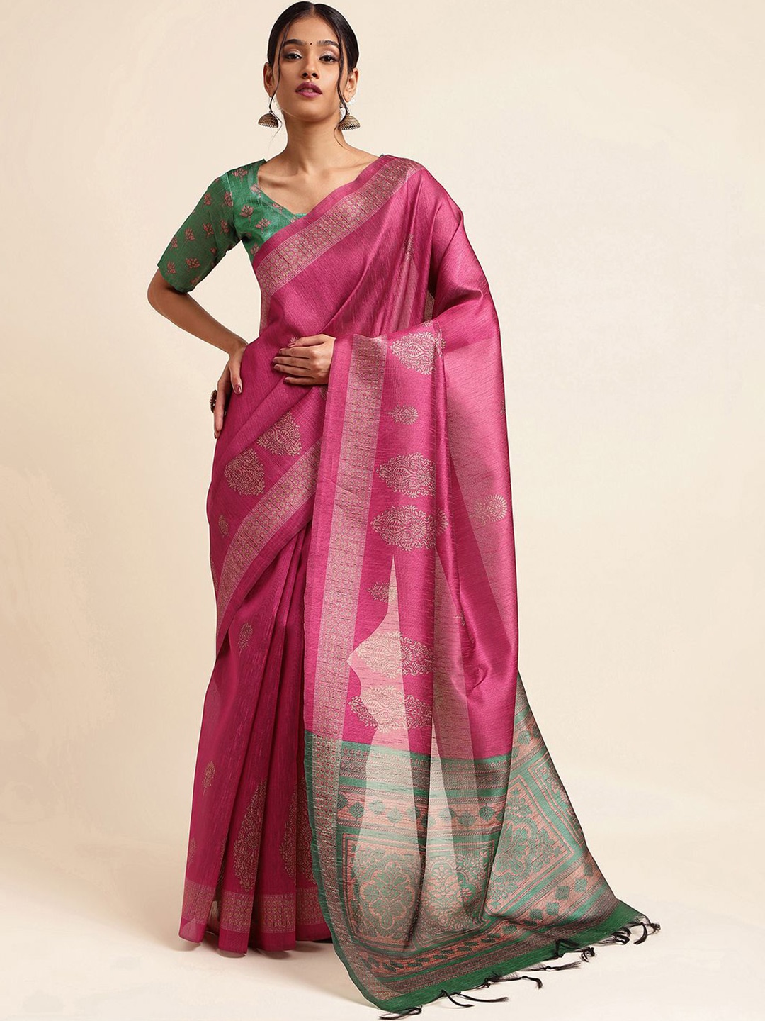 

Satrani Pink Woven Design Art Silk Saree