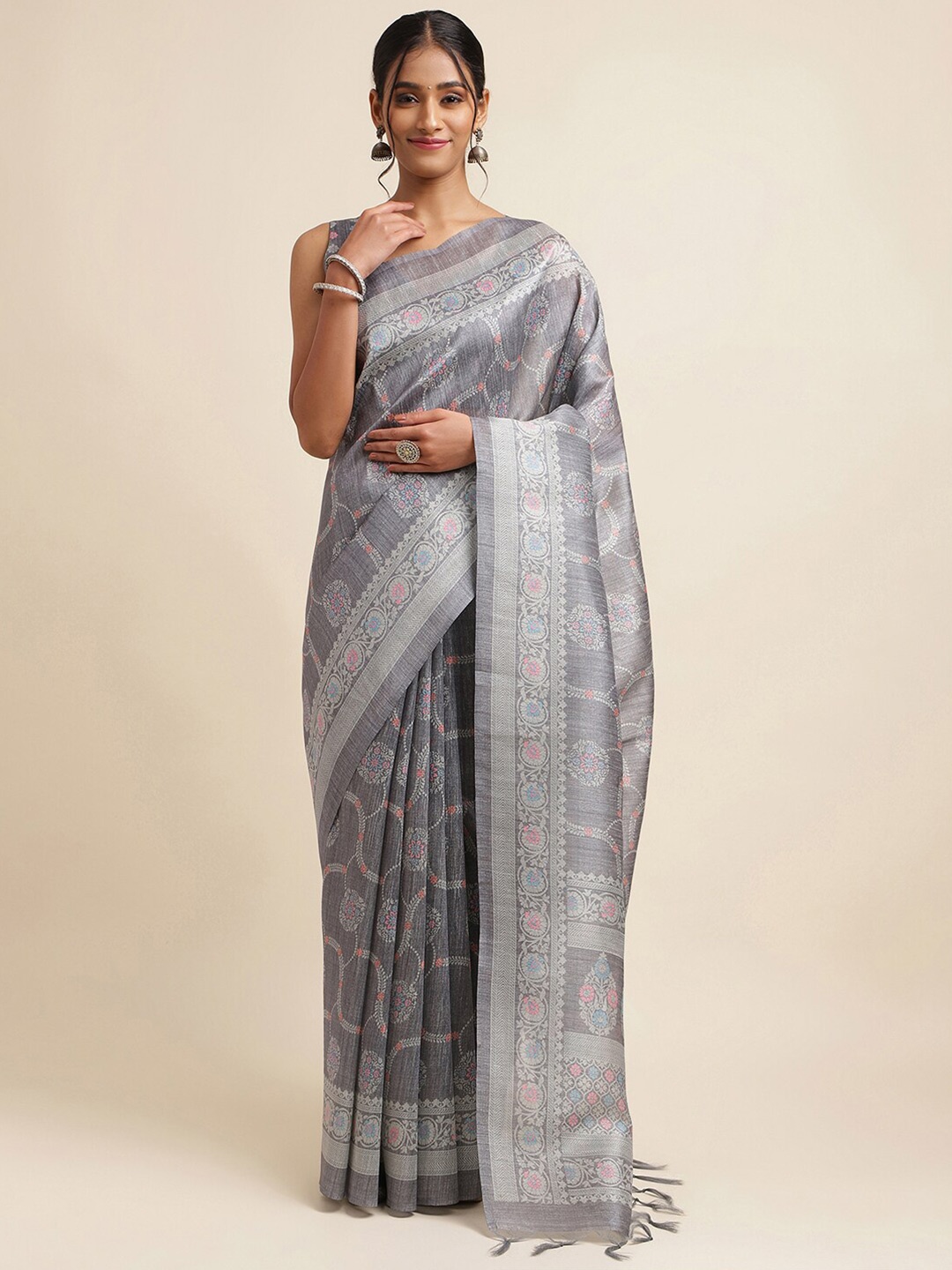 

Satrani Ethnic Motifs Printed Art Silk Saree, Grey