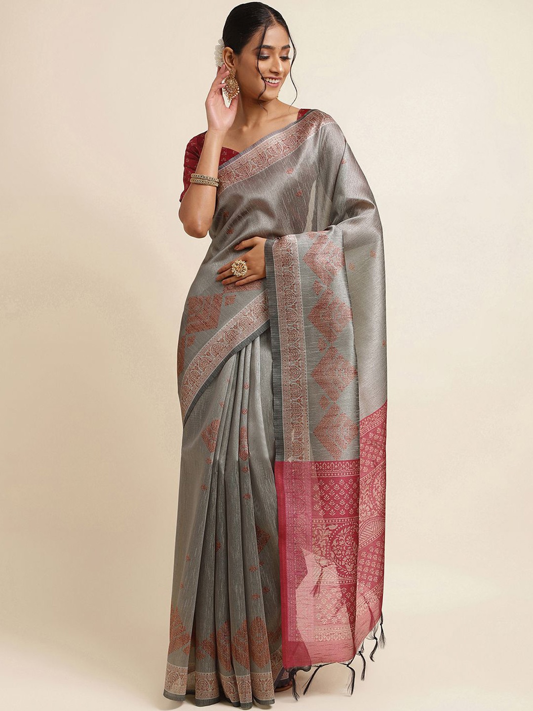 

Satrani Ethnic Motifs Printed Art Silk Saree, Grey