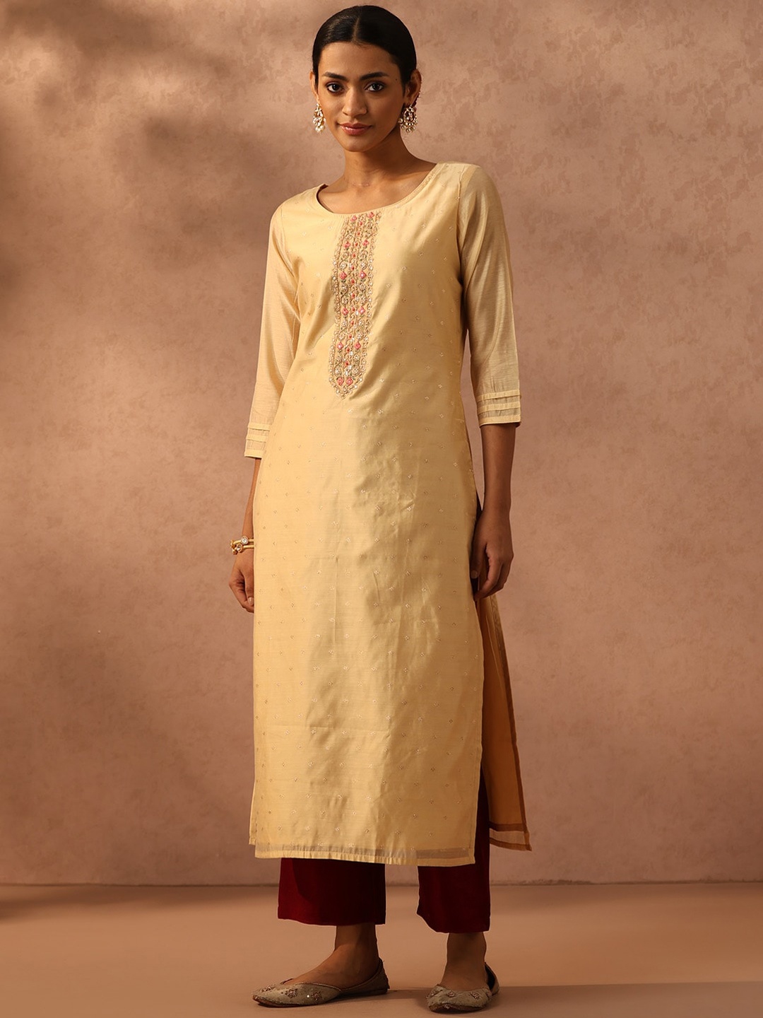 

Libas Floral Embroidered Yoke Design Thread Work Chanderi Silk Kurta, Gold