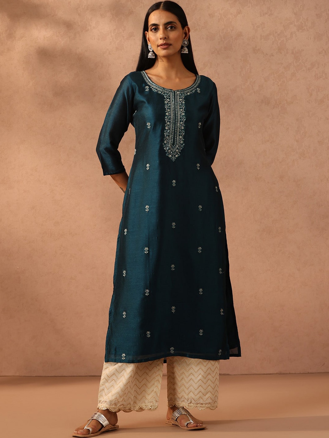 Libas Teal Blue Ethnic Motifs Embroidered Kurta