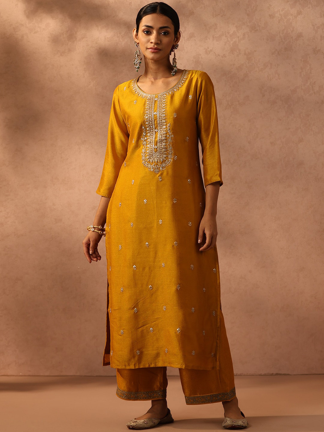 

Libas Women Ethnic Motifs Embroidered Round Neck Silk Kurta, Yellow
