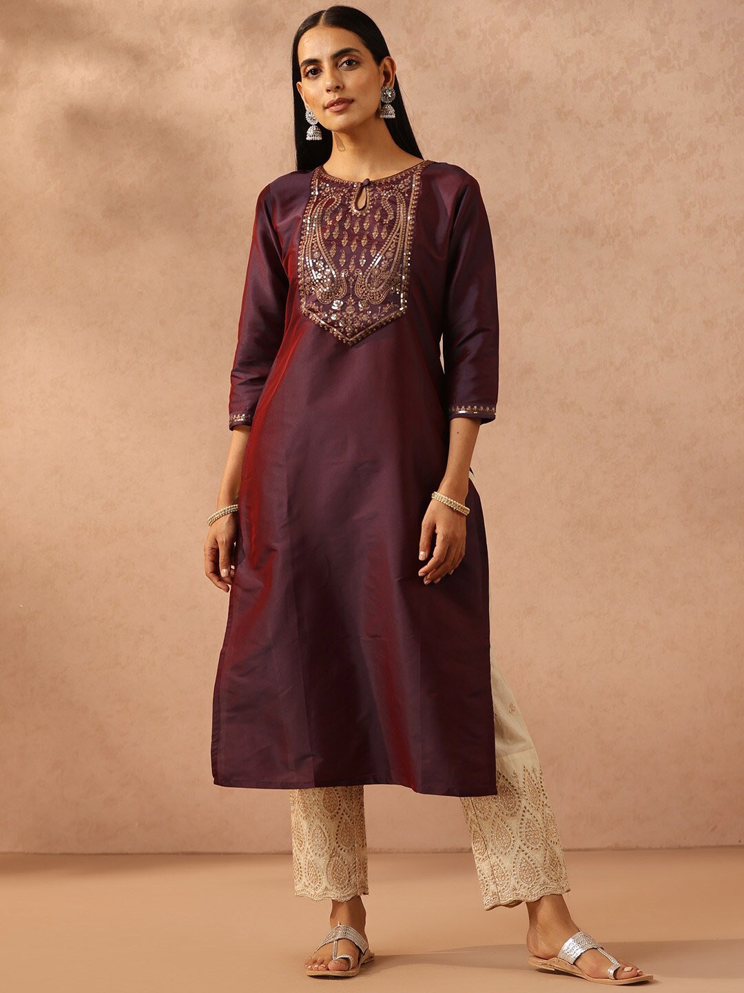 

Libas Ethnic Motifs Embroidered Sequined Straight Kurta, Burgundy