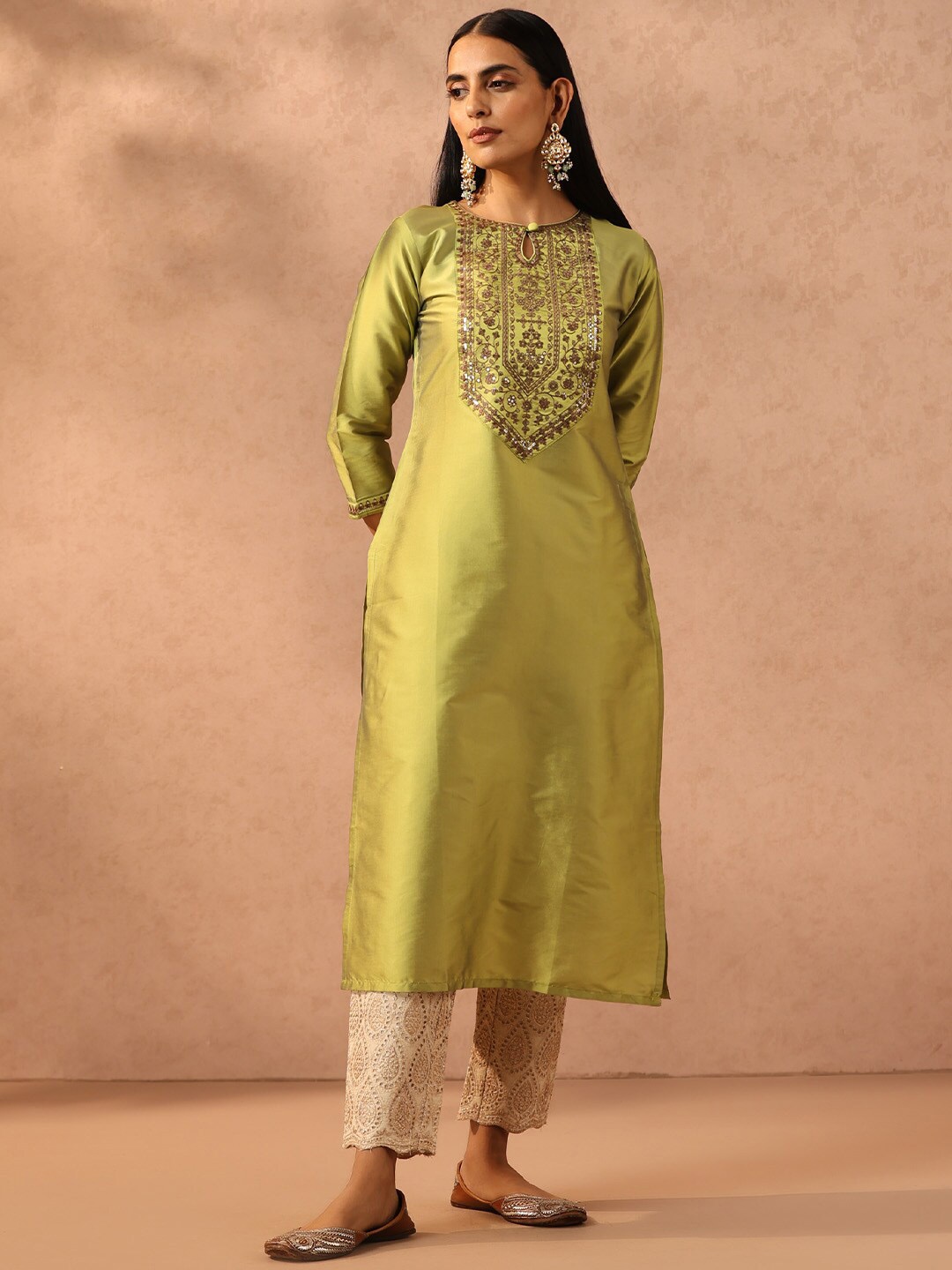 

Libas Green Ethnic Embroidered Yoke Design Straight Kurta