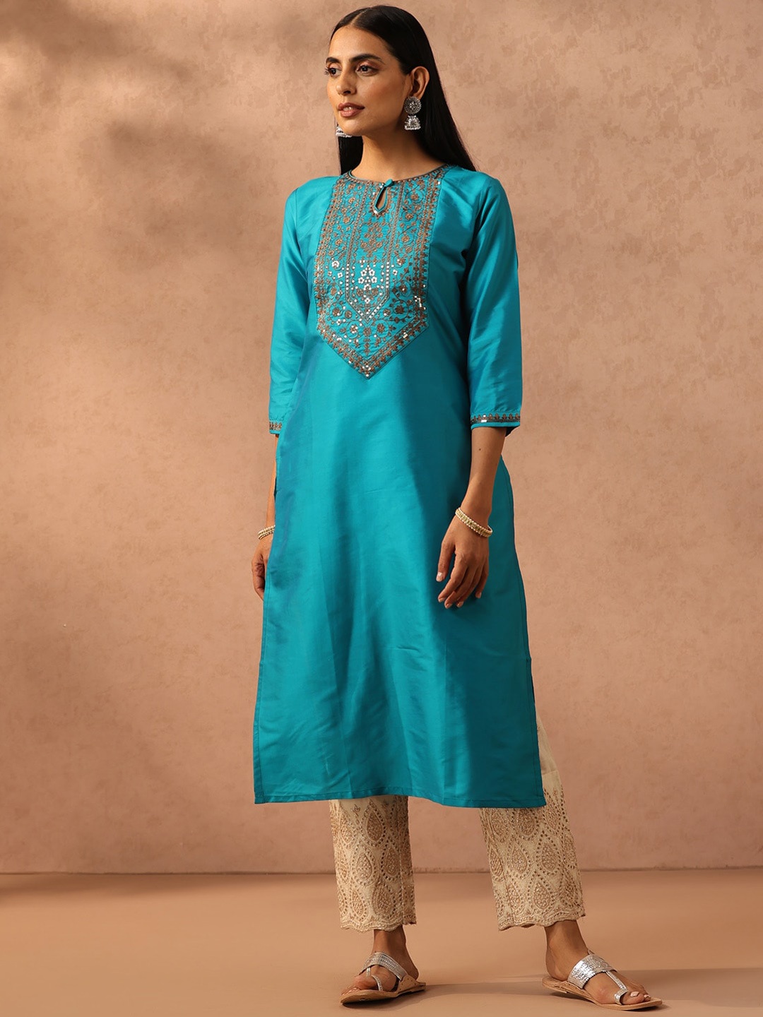 

Libas Blue Sequin Embroidered Yoke Design Keyhole Neck Silk Straight Kurta
