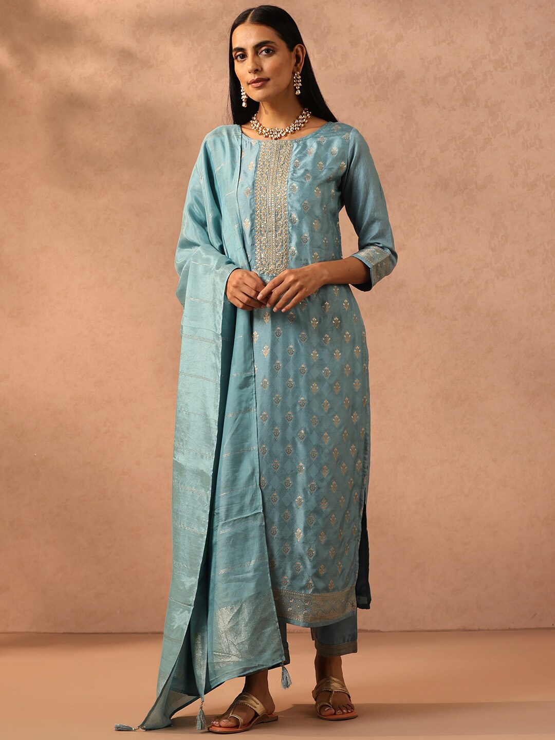 

Libas Blue & Gold-Toned Ethnic Motifs Embroidered Sequined Kurta with Trousers & Dupatta