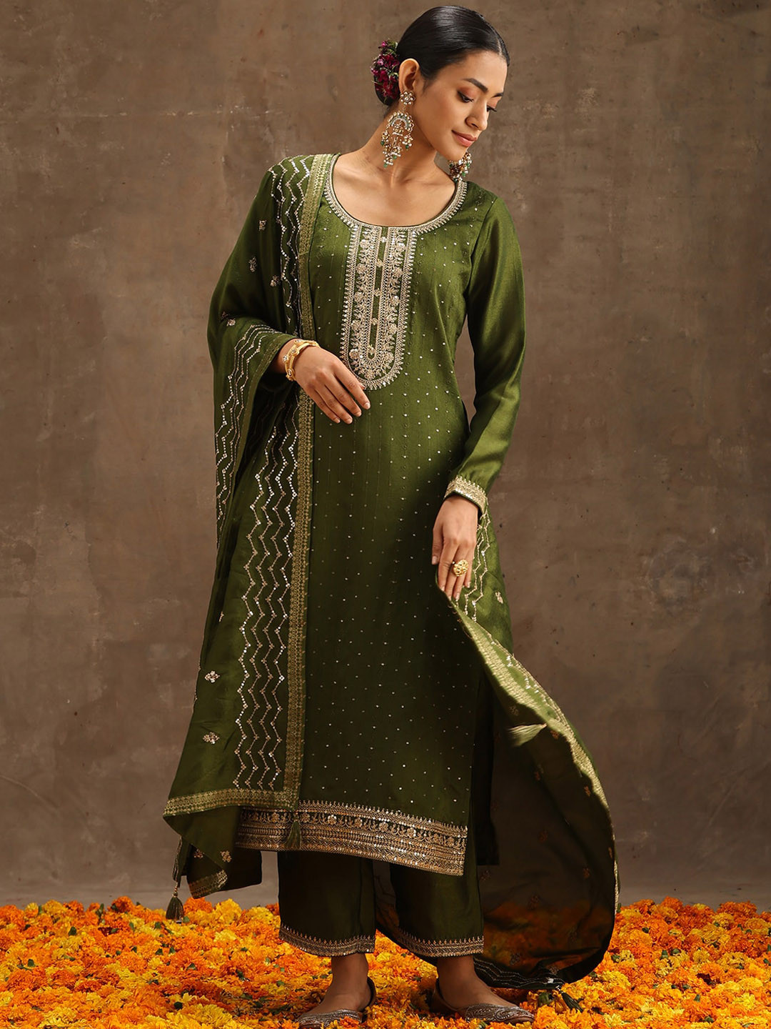 

Libas Olive Green Floral Embroidered Kurta With Trousers & With Dupatta