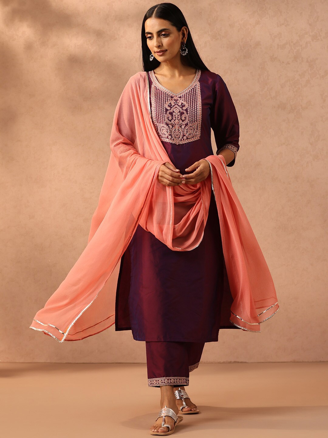 

Libas Burgundy Ethnic Motifs Yoke Design Sequinned Kurta With Trousers & Dupatta