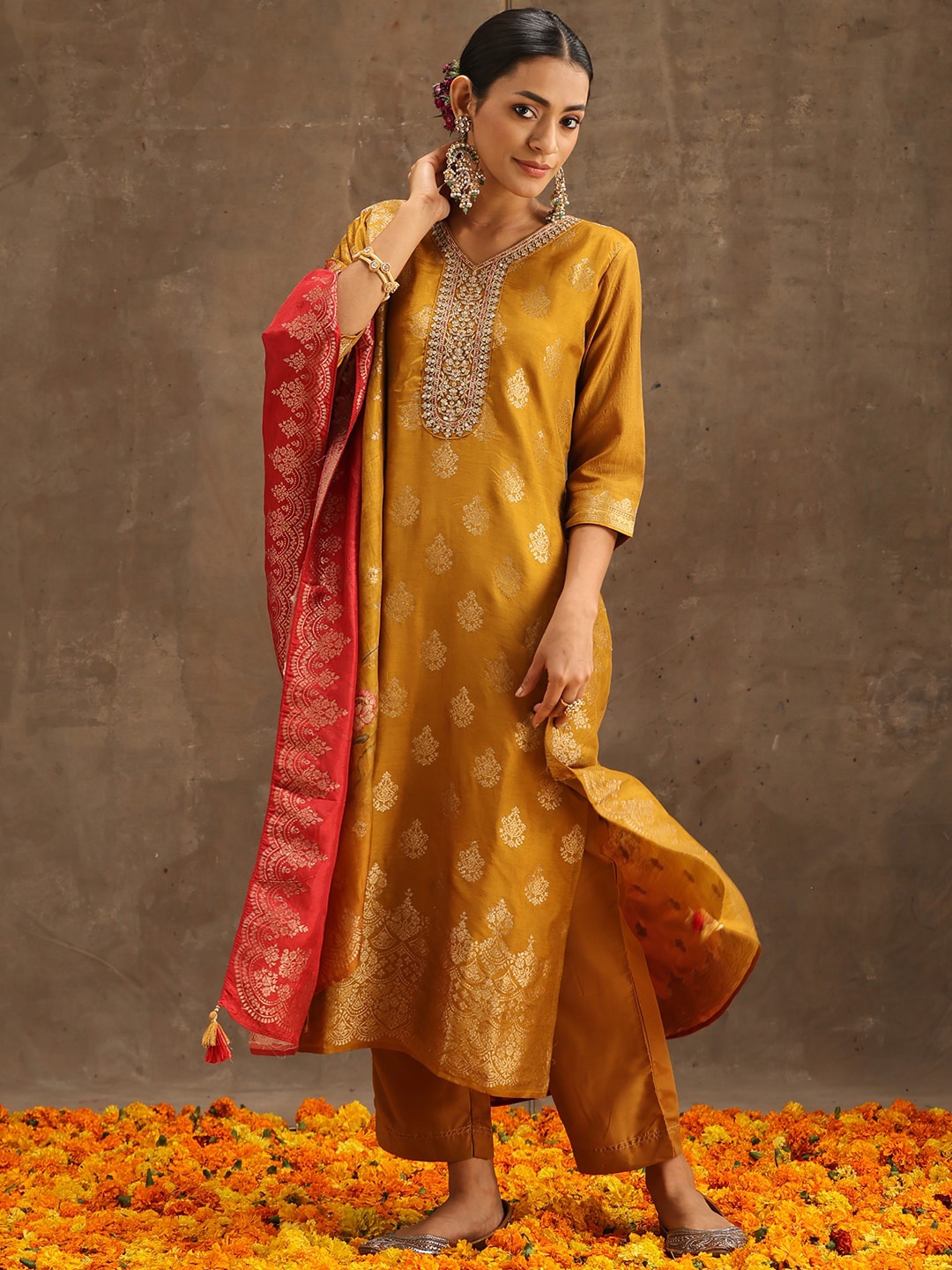 

Libas Mustard Ethnic Motifs Woven Design Pure Silk Kurta With Trousers & Dupatta