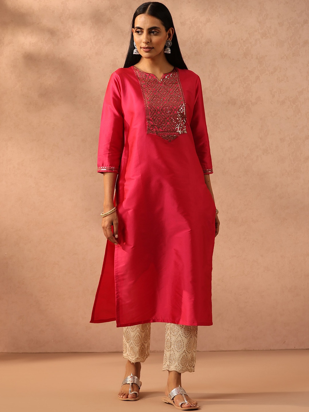 

Libas Pink Ethnic Motif Embroidered Sequined Silk Kurta