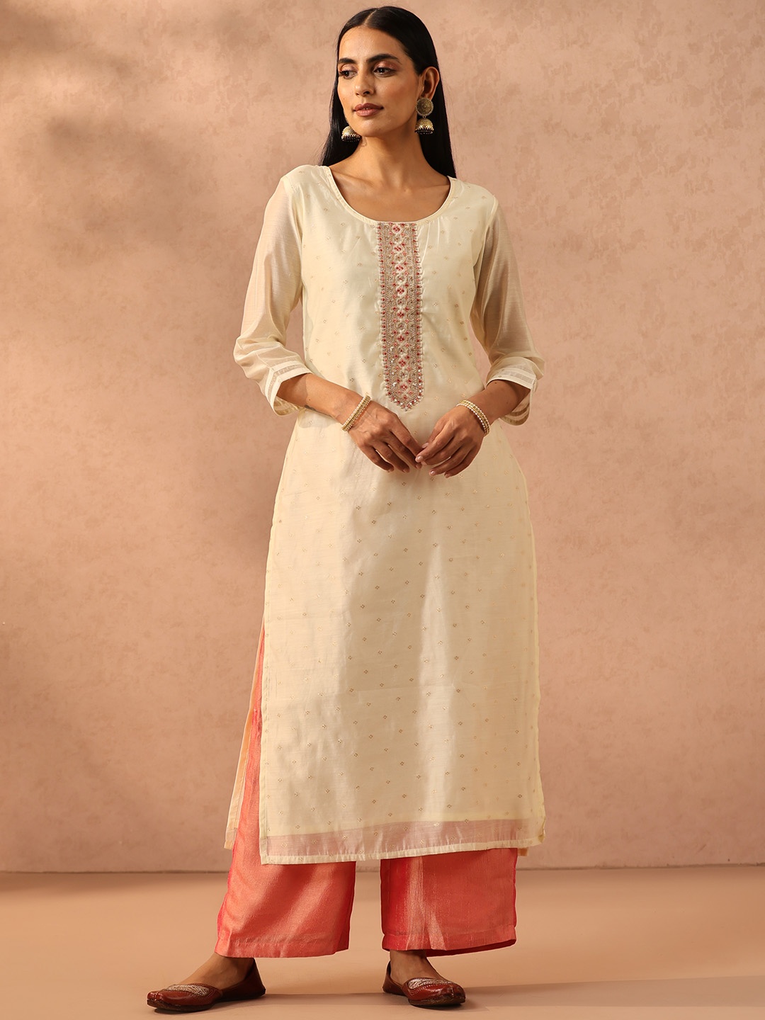 

Libas Geometric Yoke Design Chanderi Silk Straight Kurta, Cream