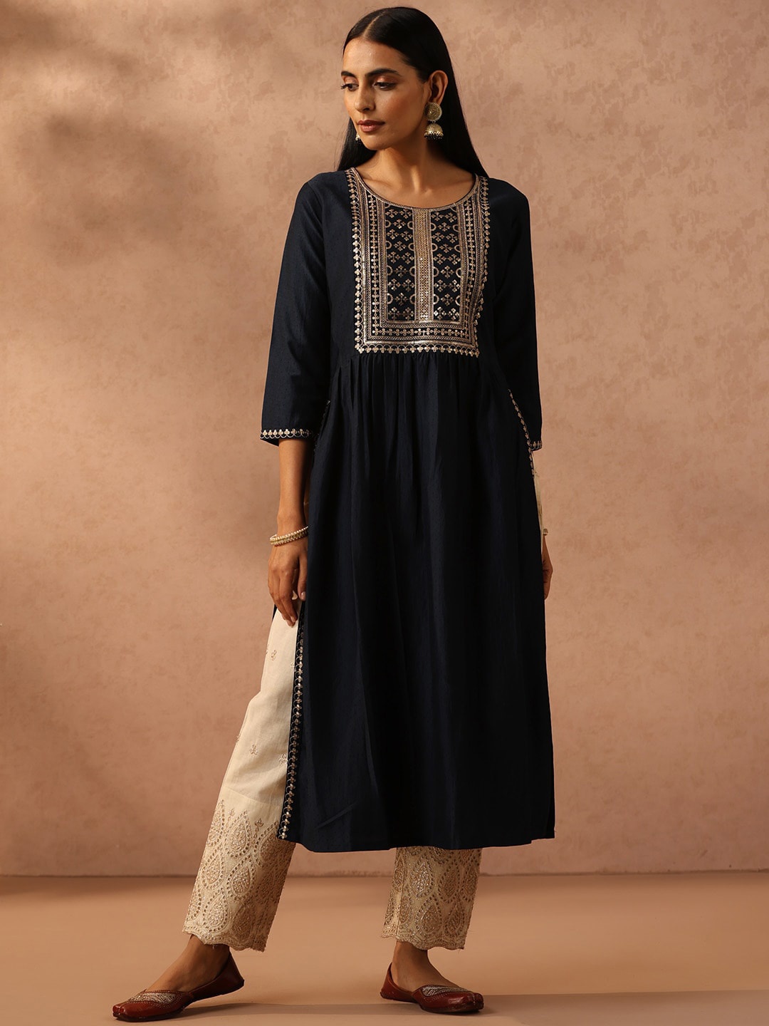 Libas Yoke Design A-Line Silk Kurta, Navy blue