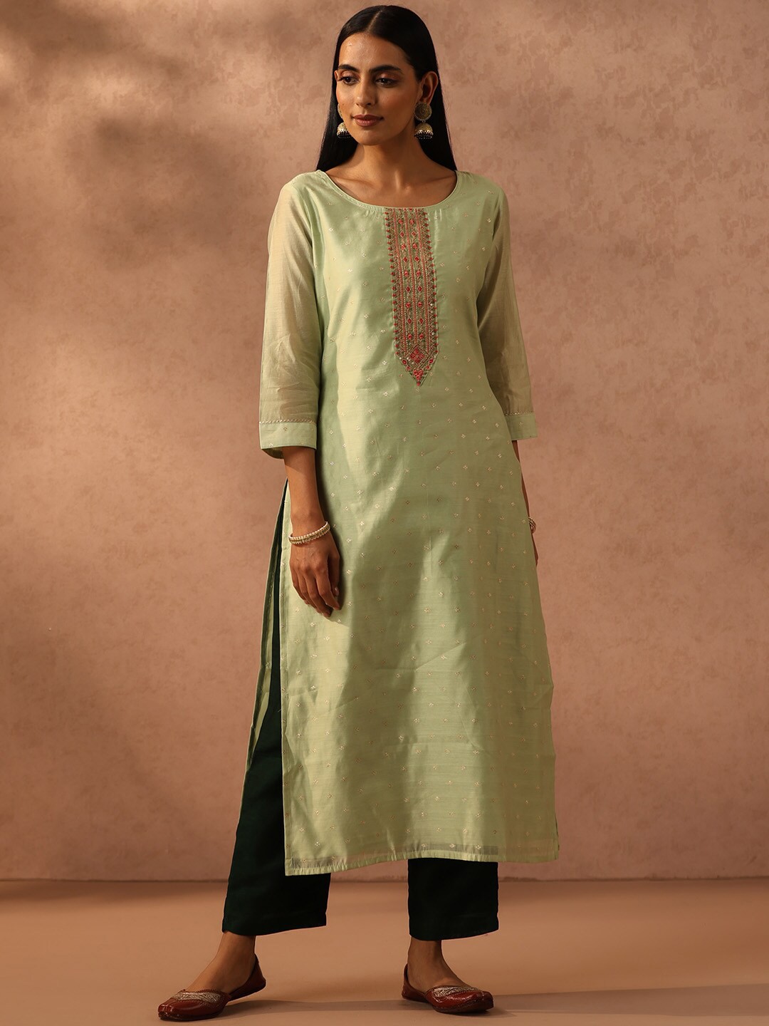 

Libas Embroidered Yoke Design Chanderi Silk Straight Kurta, Green