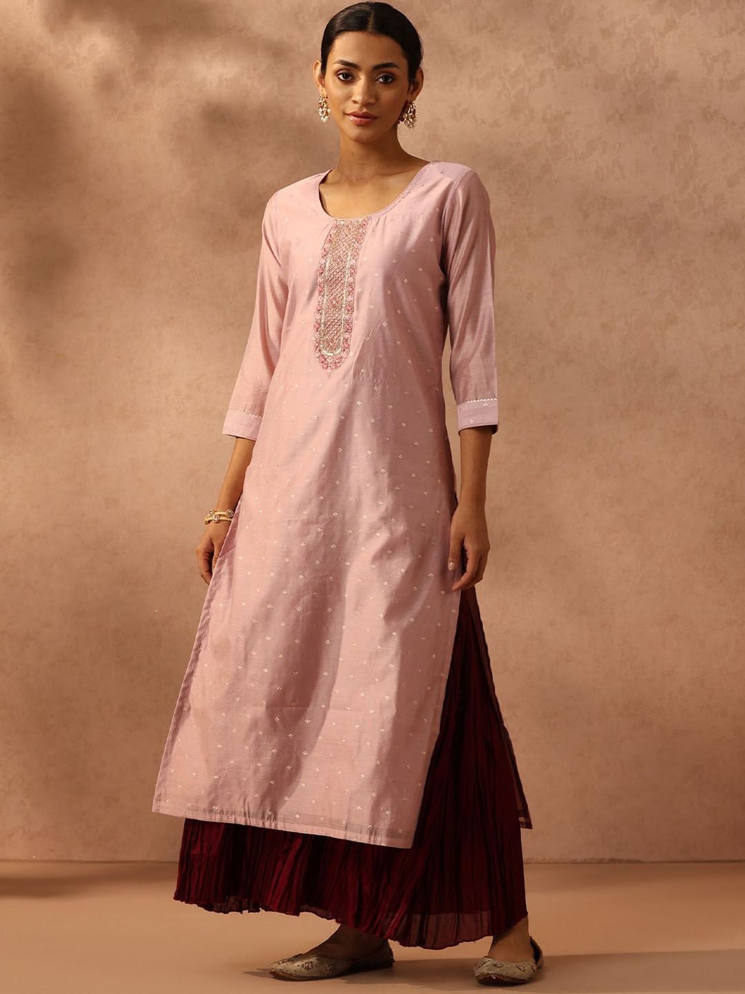 

Libas Women Woven Design Pastel Chanderi Silk Straight Kurta, Pink