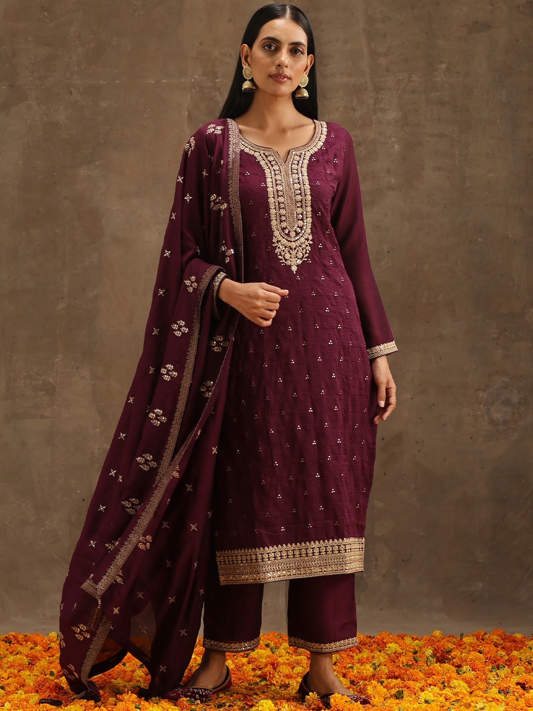 

Libas Floral Embroidered Kurta & Trousers With Dupatta, Purple