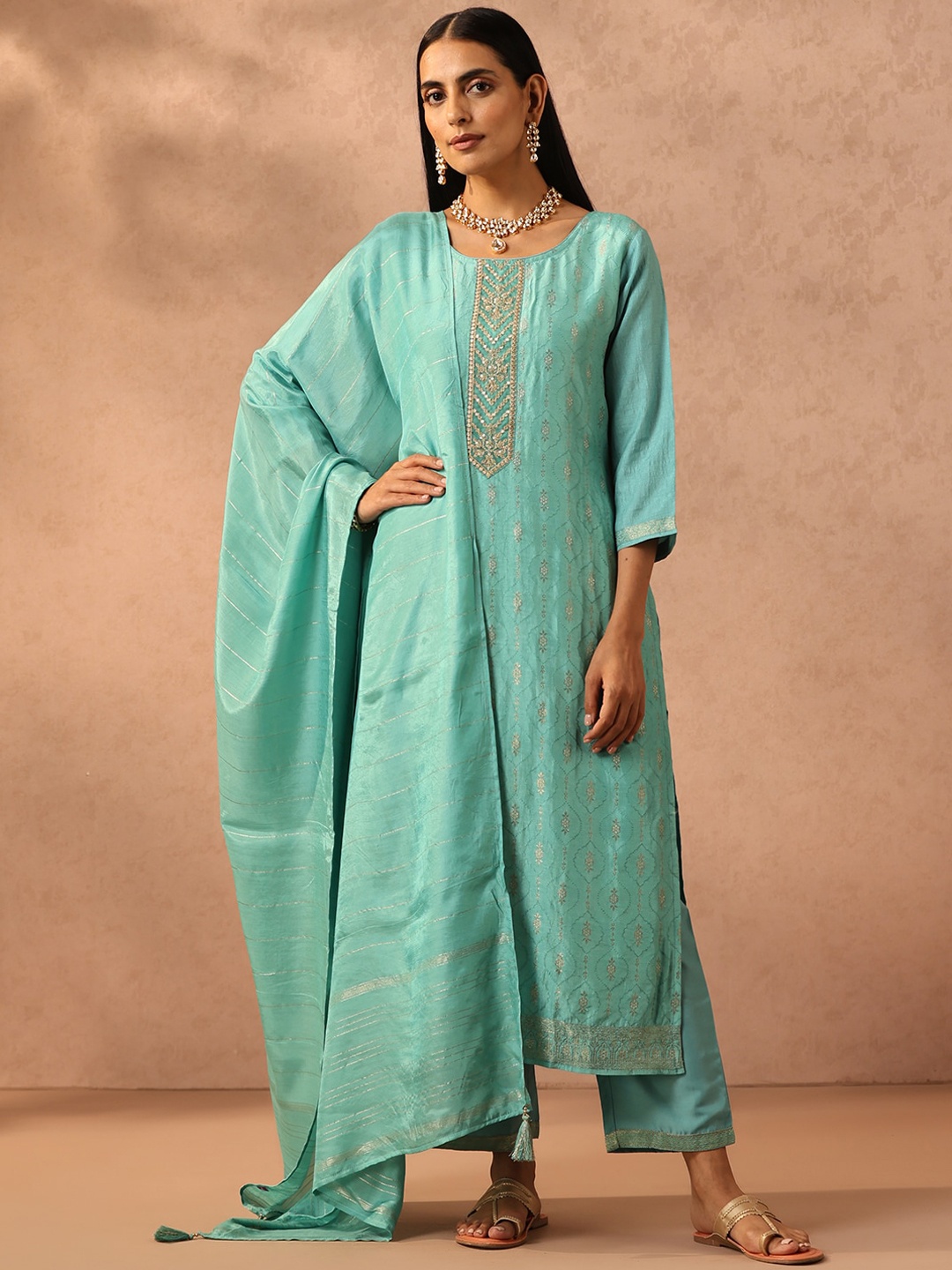 

Libas Turquoise Blue Floral Printed Zari Regular Kurta with Trousers & Dupatta