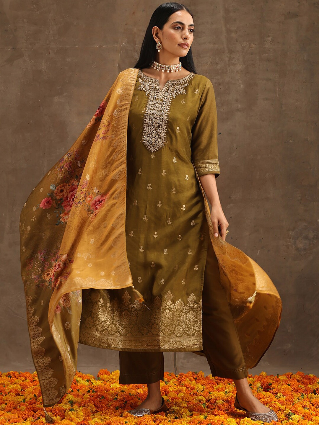 

Libas Olive Floral Embroidered Pure Silk Kurta With Trousers & Dupatta