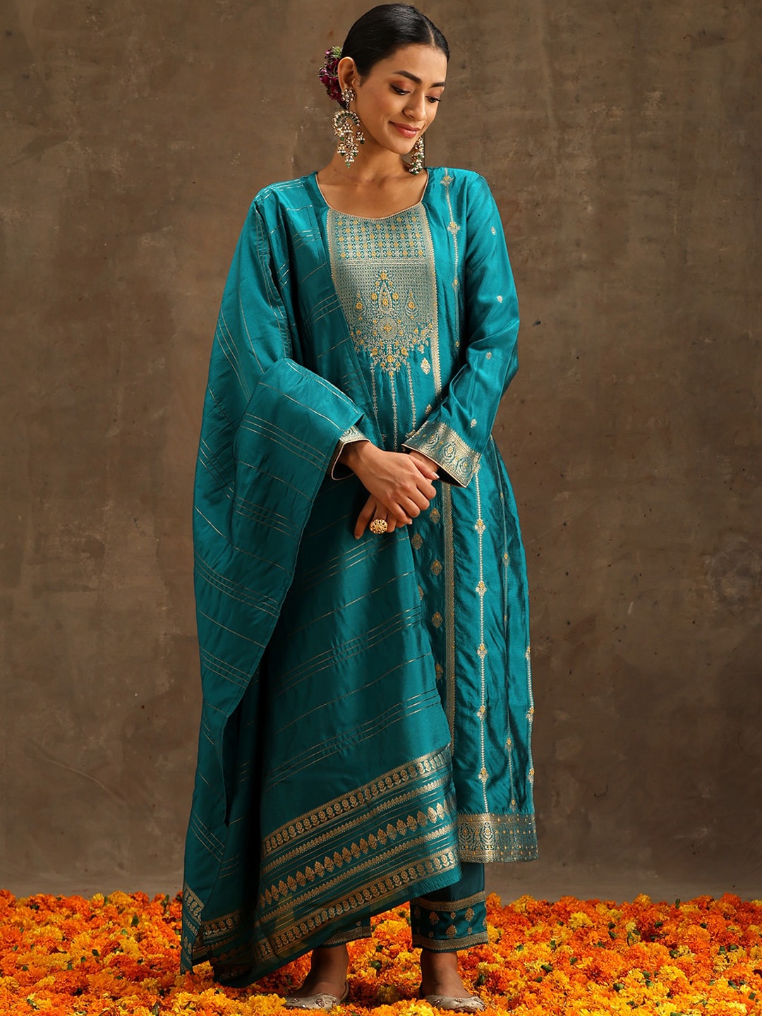 

Libas Turquoise Blue Ethnic Motifs Embroidered Zari Kurta With Trousers & Dupatta