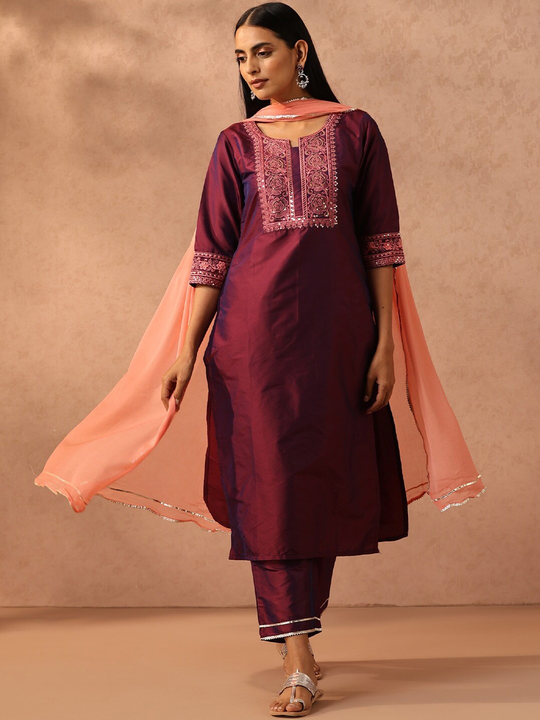 

Libas Purple Floral Embroidered Sequinned Kurta With Trousers & Dupatta