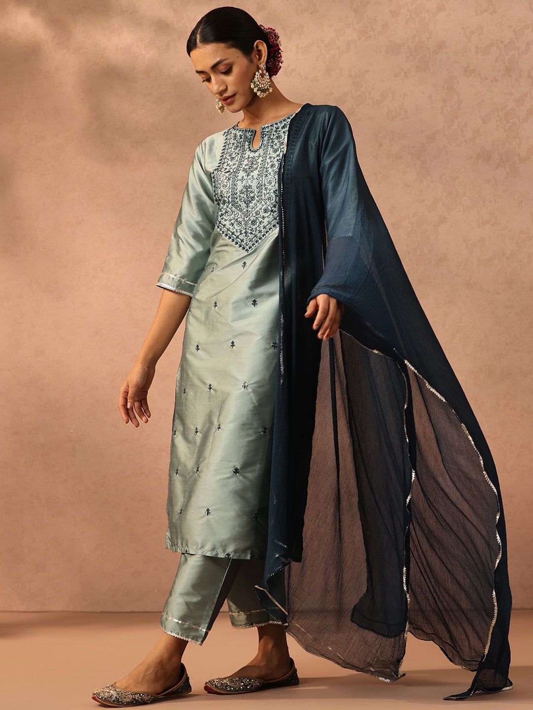 

Libas Green Floral Yoke Design Straight Kurta With Trousers & Dupatta