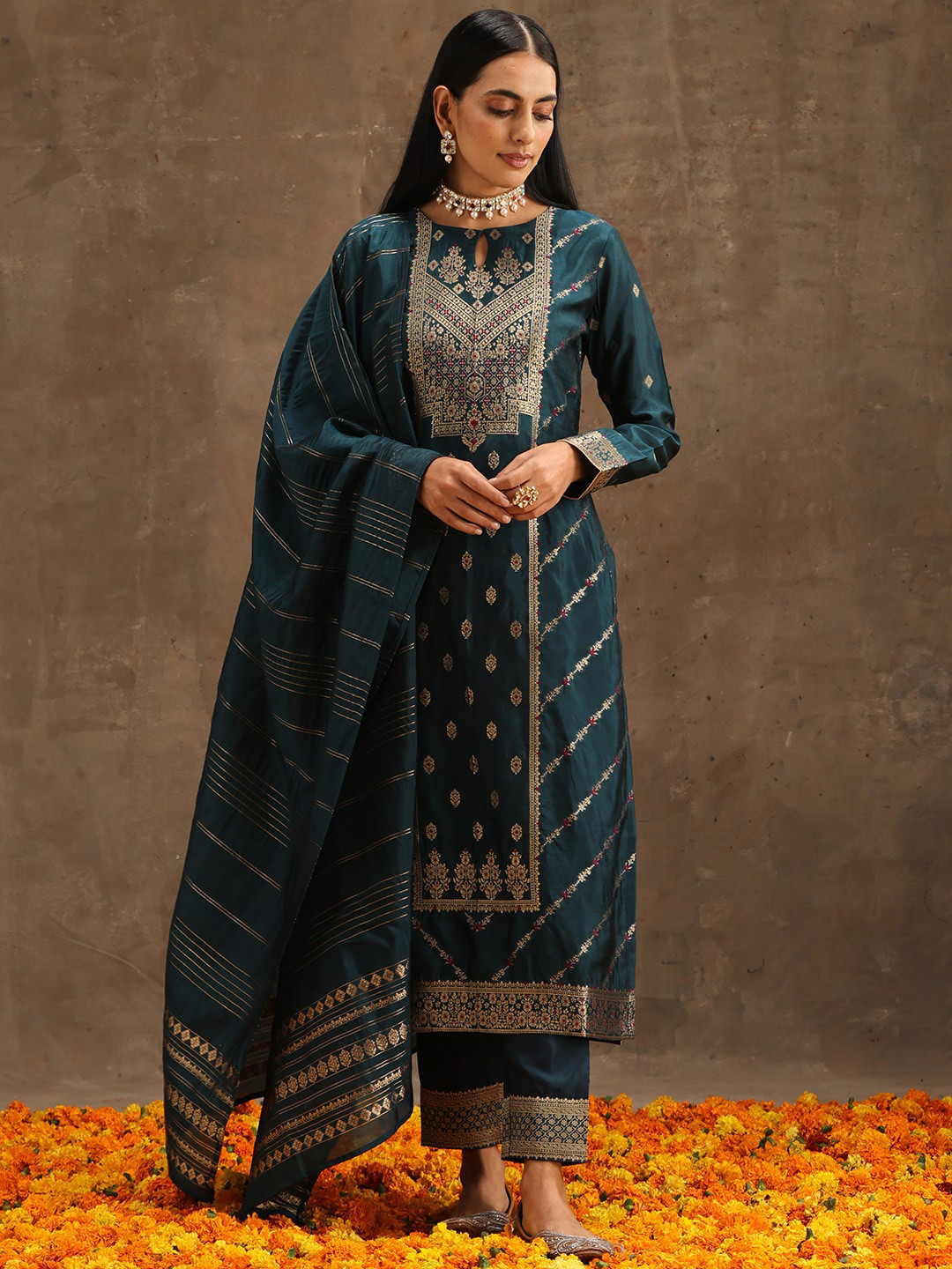 

Libas Ethnic Motifs Regular Kurta with Trousers & With Dupatta, Teal