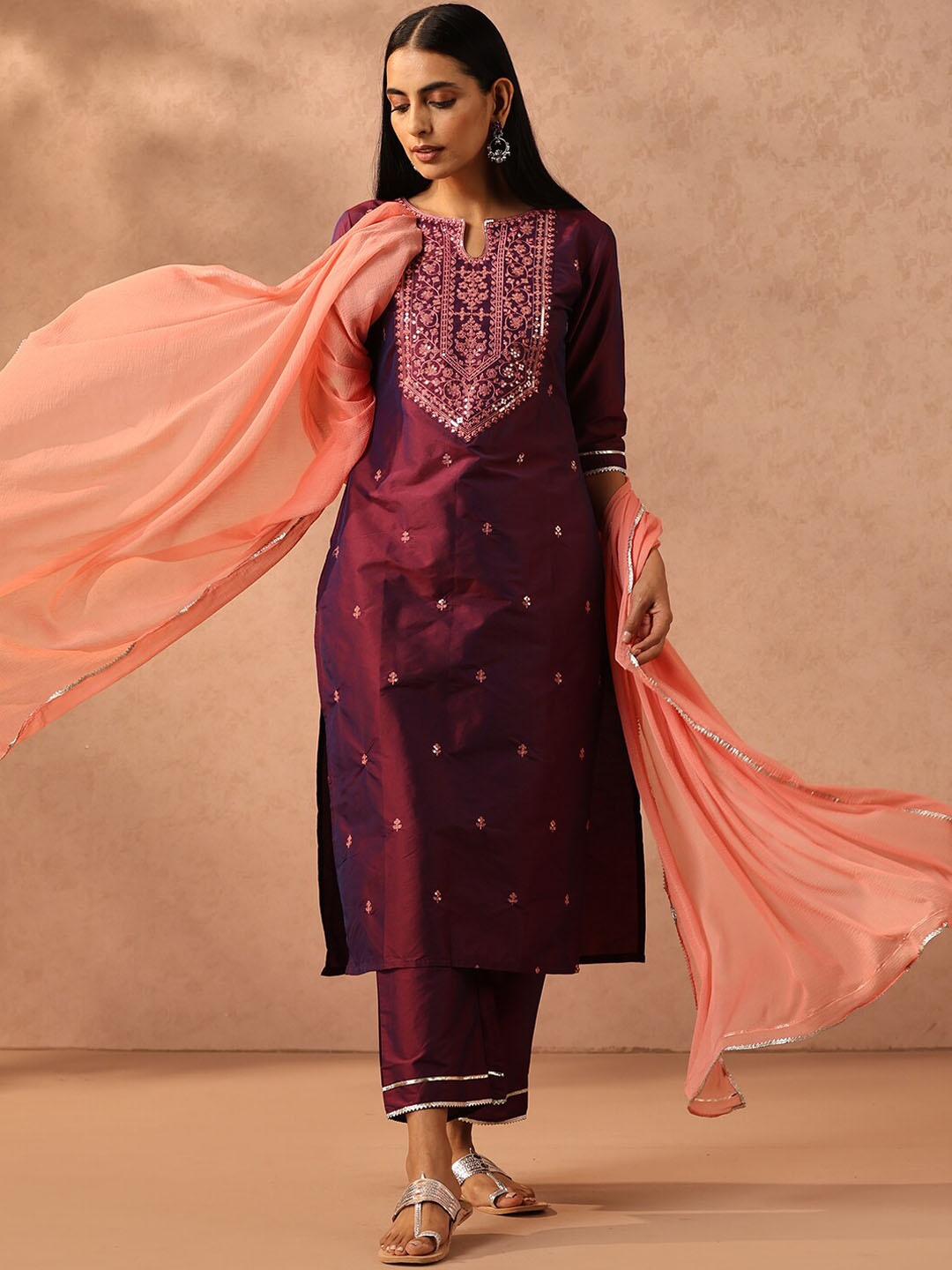

Libas Purple Floral Embroidered Sequined Kurta with Trousers & With Dupatta