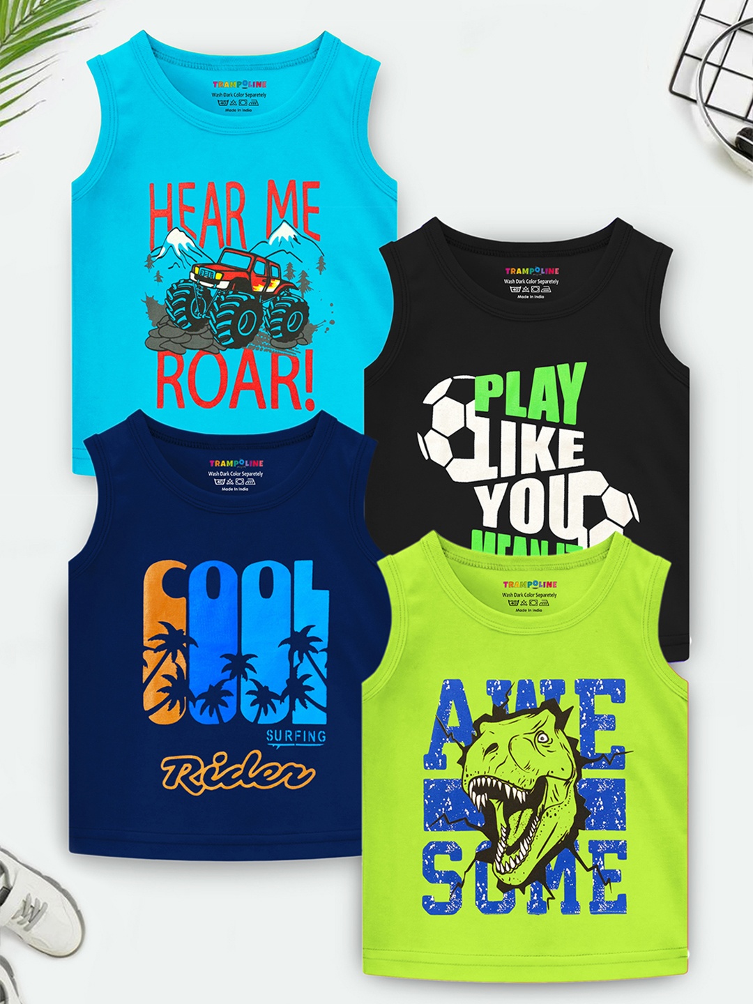 

Trampoline Boys Pack Of 4 Typography Printed Cotton T-Shirt, Blue