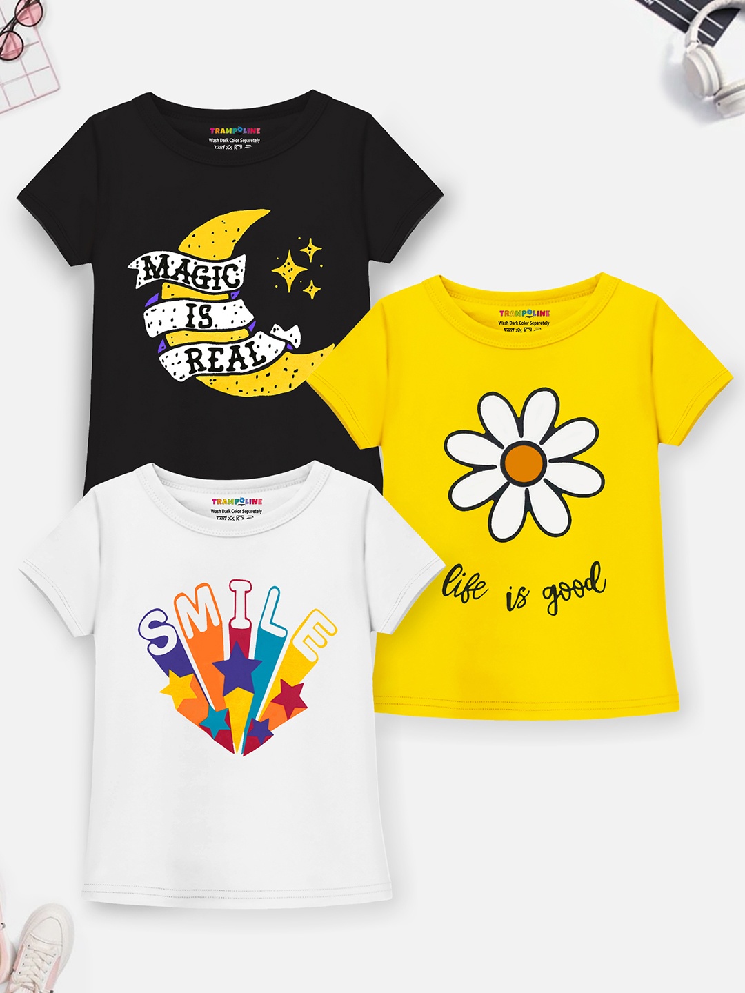 

Trampoline Girls Pack Of 3 Graphic Printed Cotton T-Shirt, Yellow