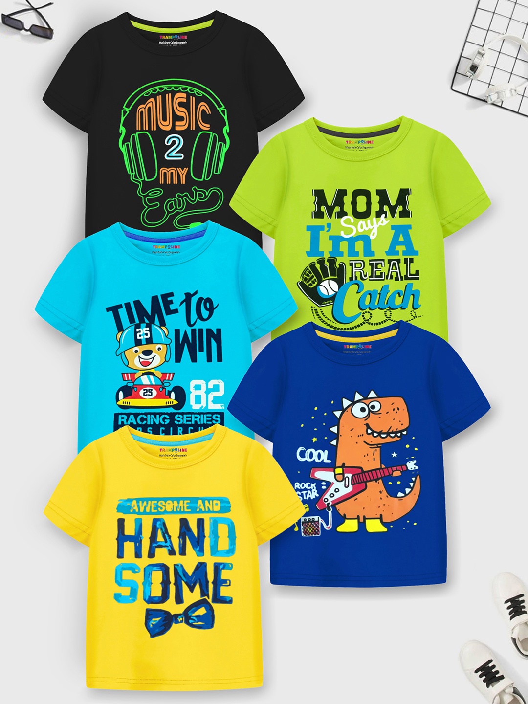 

Trampoline Boys Pack Of 5 Graphic Printed Cotton T-Shirt, Black