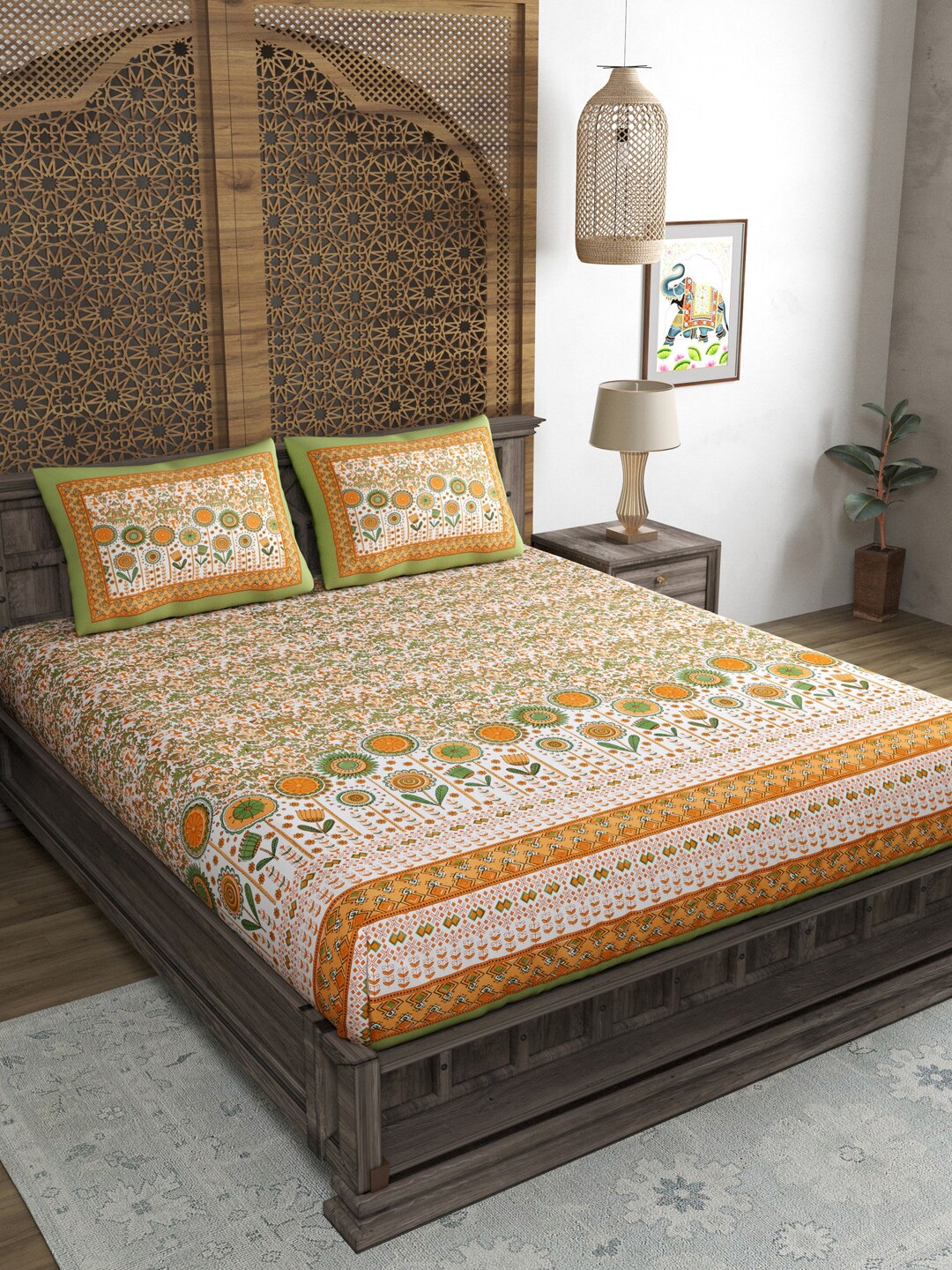 

Sangria Orange Printed 210 TC Cotton Fitted King Bedsheet & 2 Pillow Covers, Green