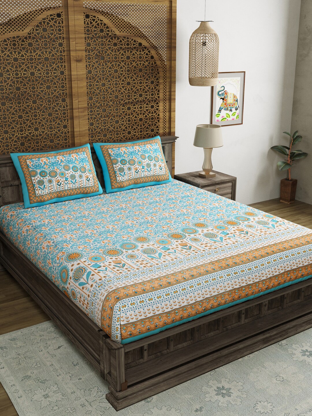 

Sangria Blue Printed 210 TC Cotton Fitted King Bedsheet & 2 Pillow Covers