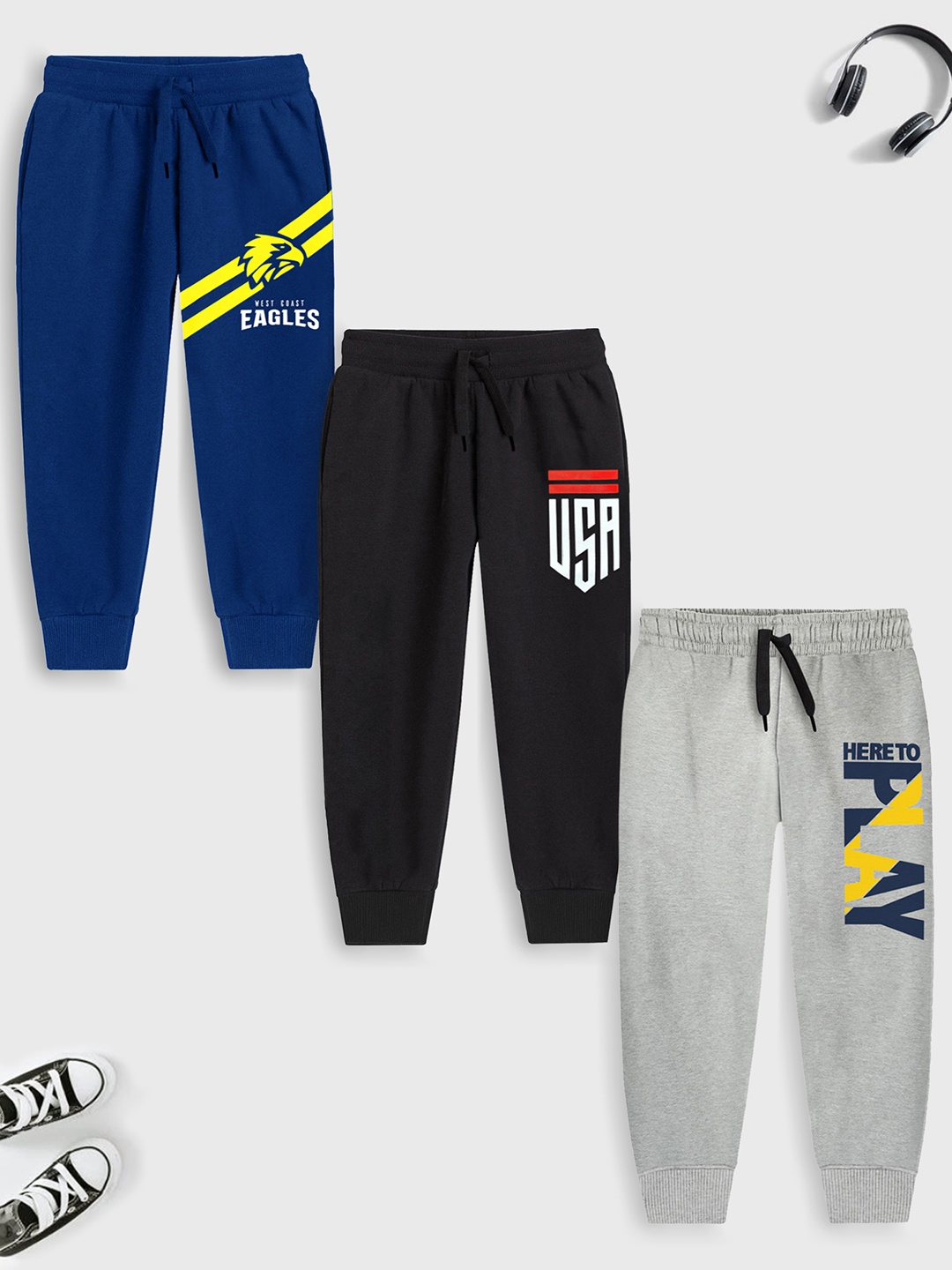 Trampoline Boys Pack Of 3 Typography Printed Joggers, Grey