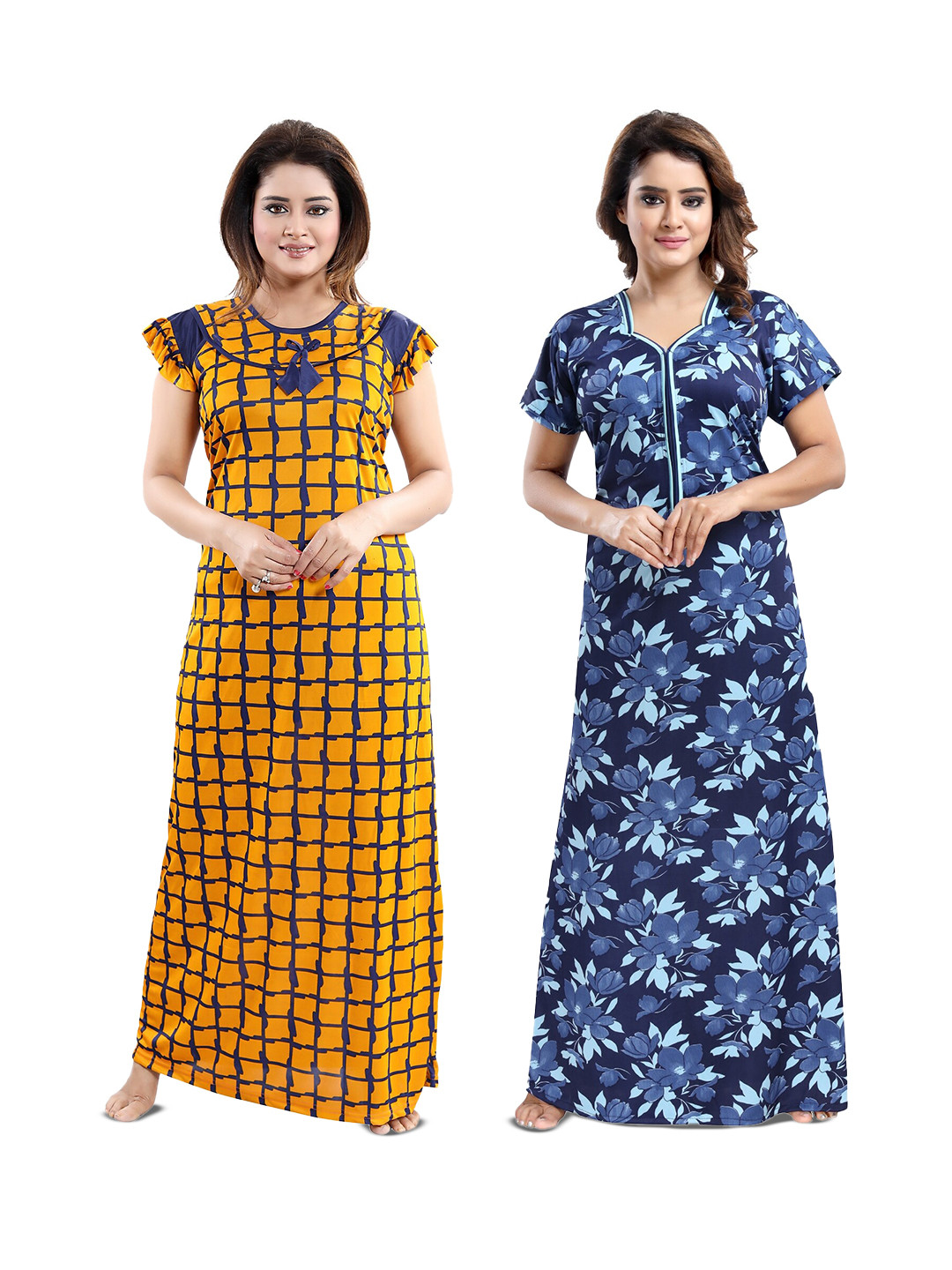 

SHOPPING STATION Pack Of 2 Printed Satin Maxi Nightdresses, Yellow