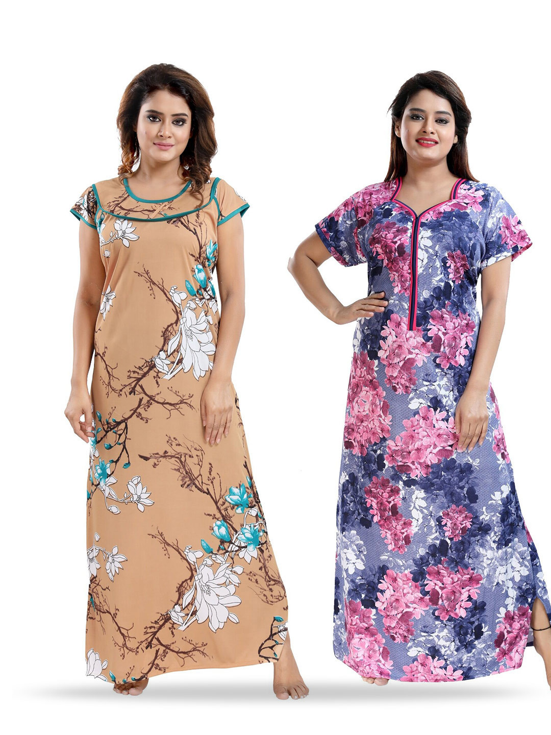 

SHOPPING STATION Pack Of 2 Printed Satin Maxi Nightdresses, Beige