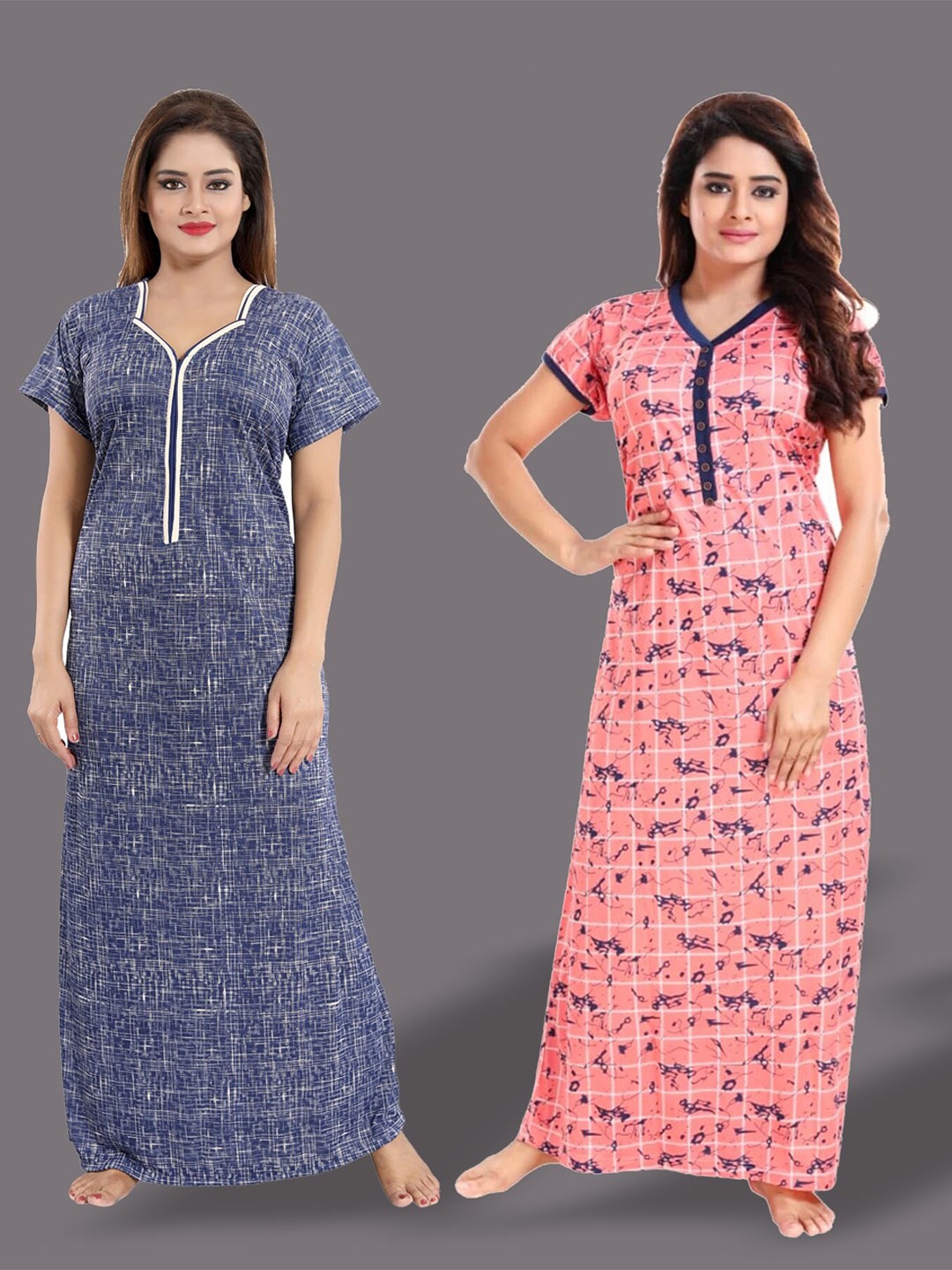 

SHOPPING STATION Pack Of 2 Geometric Printed Maxi Nightdress, Blue
