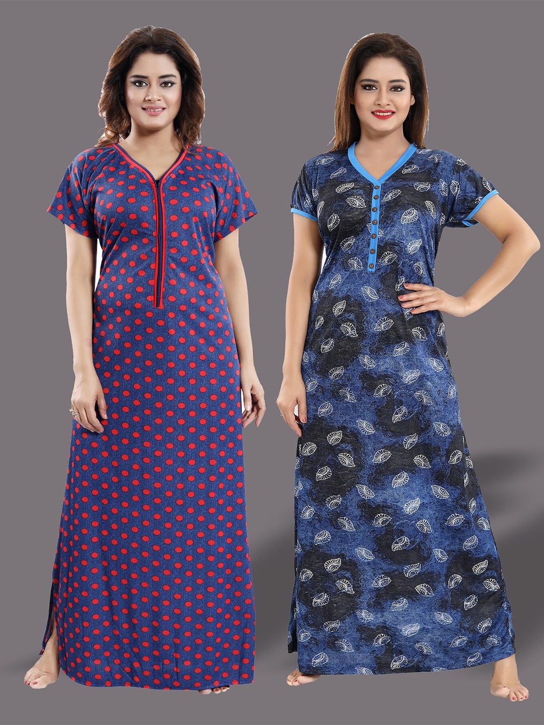

SHOPPING STATION Pack Of 2 Polka Dots Printed Printed Maxi Nightdress, Blue
