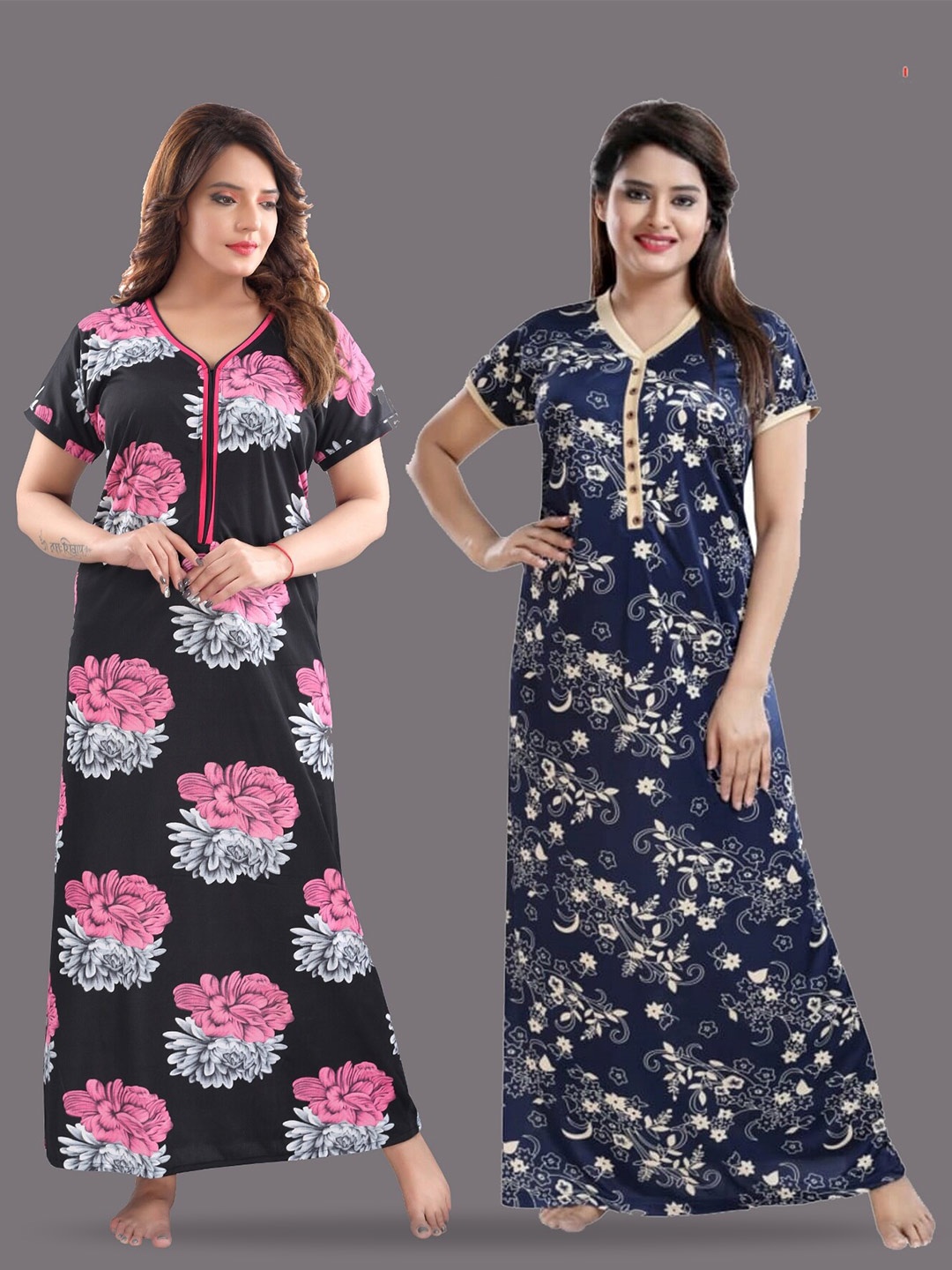 

SHOPPING STATION Pack Of 2 Floral Printed Maxi Nightdress, Black