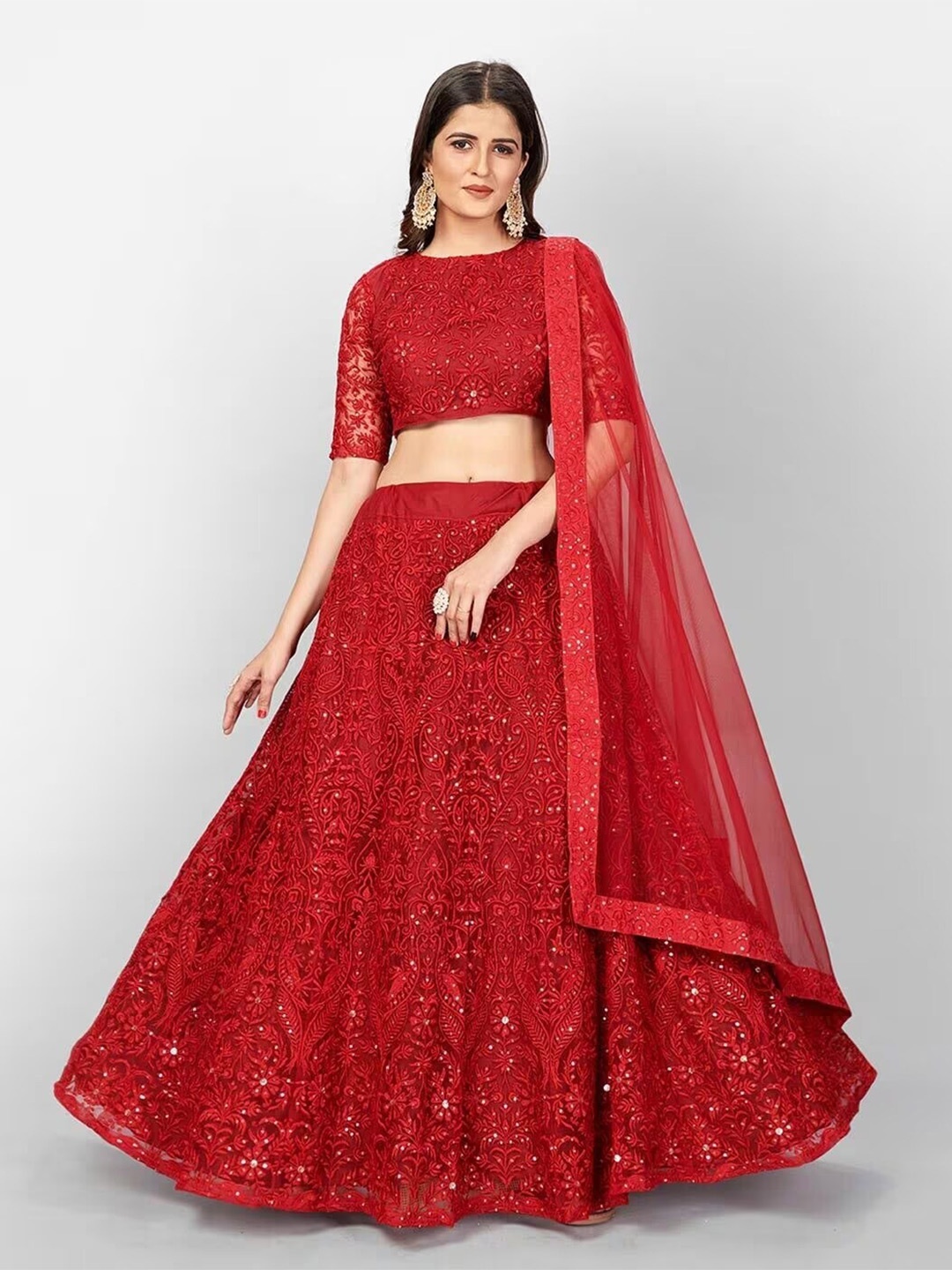 

Kedar Fab Embroidered Beads and Stones Semi-Stitched Lehenga & Blouse With Dupatta, Red