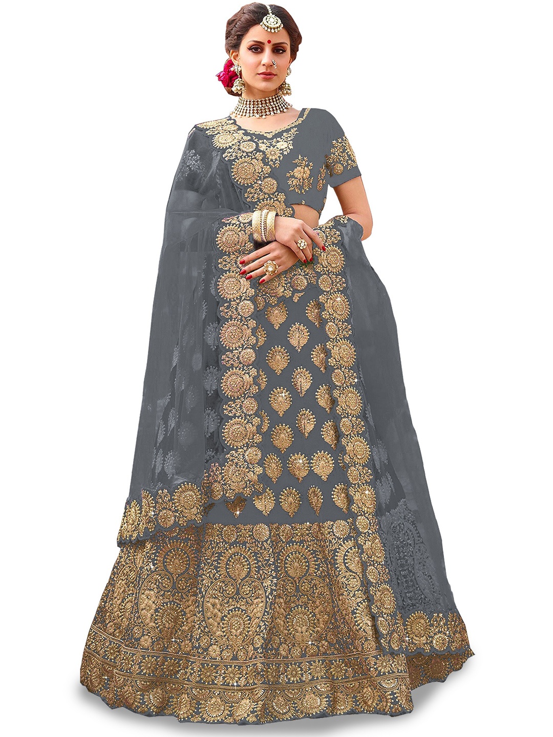 

Kedar Fab Embroidered Semi-Stitched Lehenga & Unstitched Blouse With Dupatta, Grey