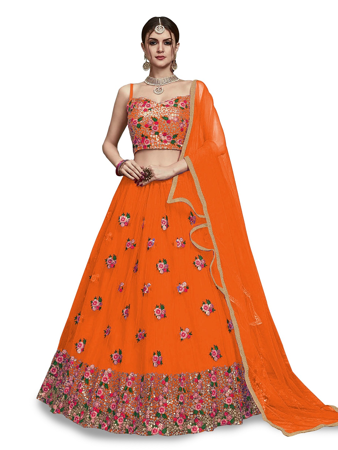 

Kedar Fab Floral Embroidered Semi-Stitched Lehenga & Unstitched Blouse With Dupatta, Orange